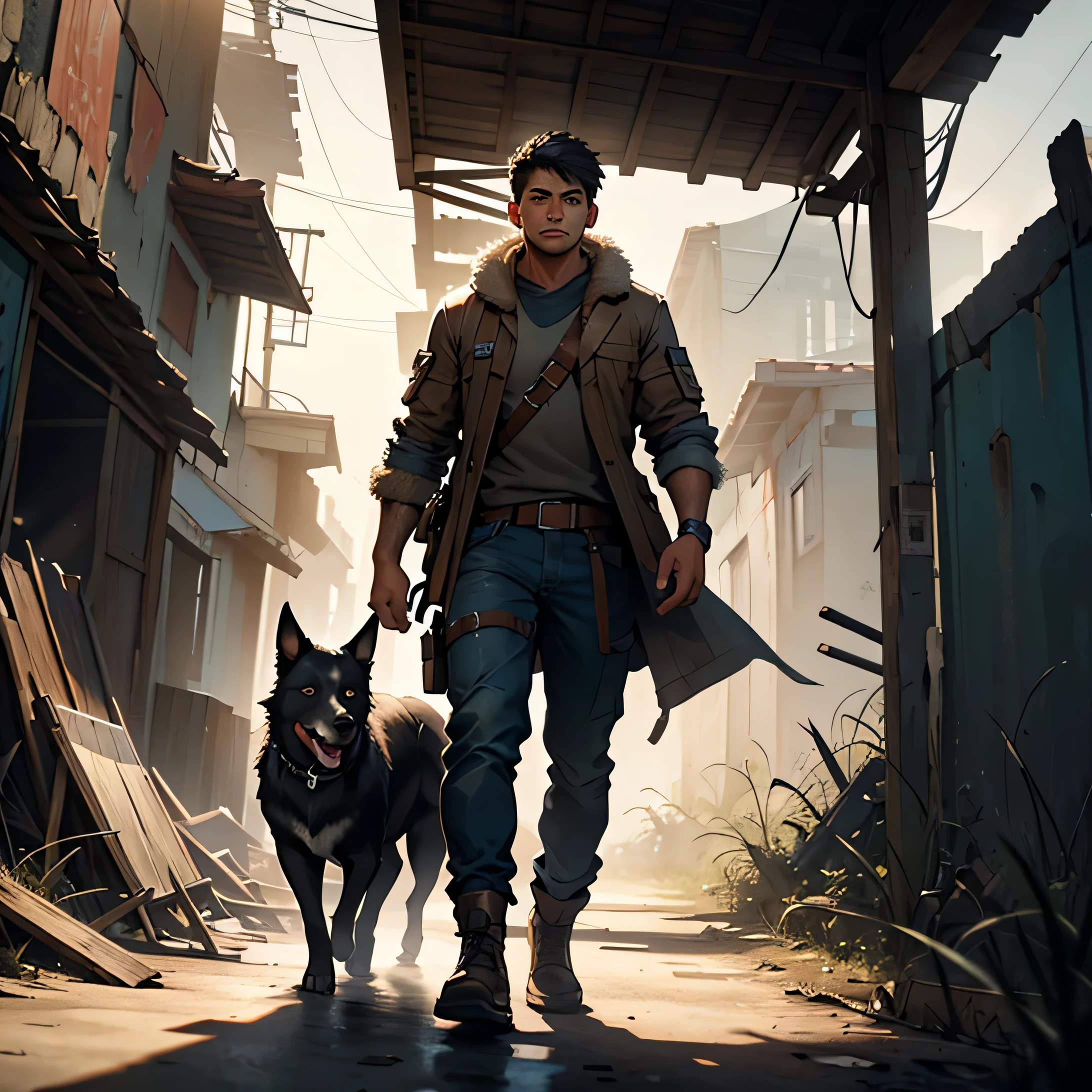 A Latino young man, with a faithful black dog by his side, navigates through a post-apocalyptic world filled with ruins. The man's determined eyes reflect a sense of resilience and survival, as he clutches a worn-out map in his calloused hands. The dog, with its piercing gaze, stands protectively by his master, its coat glistening with traces of grime and dust from the desolate landscape. The scene is captured in a gritty, high-definition 8k image, with every textured detail of the man's weathered clothing and the dog's fur brought to life in astonishing detail.