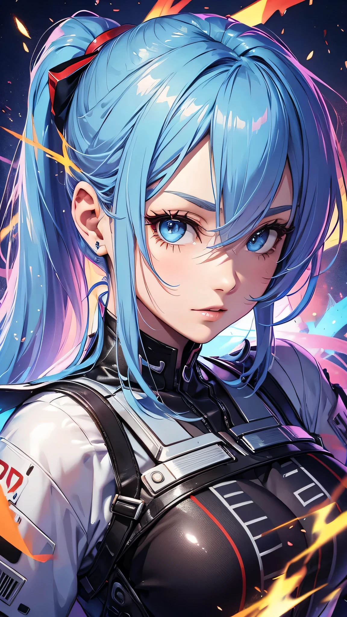 最high quality、best image quality、masterpiece、teenage girl((20-year-old、 By becoming、vest bust、medium bust,wide open breast tea、shining eyes, light blue hair、long hair、thin,highest valley、ponytail、robot body)),high quality、beautiful art、background((spark、up in flames、red lighting))、Flight、debris flies、Depth of written boundary、movie、visual art、perfect art、8k,genuine、