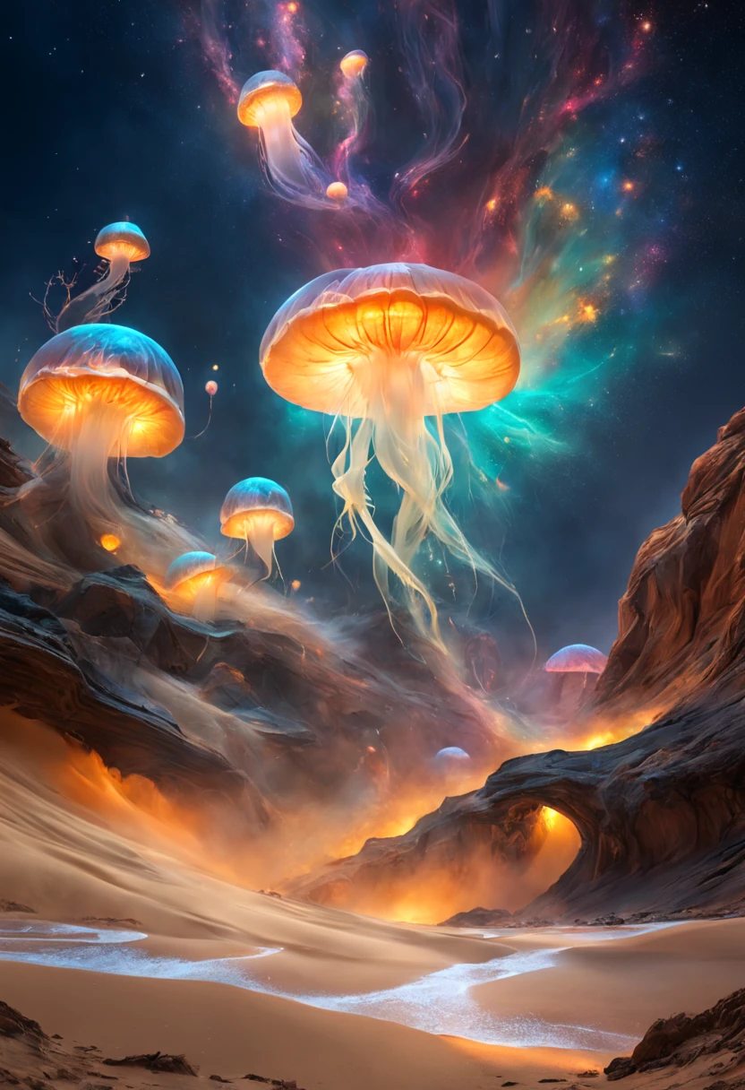 (Cute alien jellyfish on futuristic background combines sci-fi style with modern design)，风格为color纹理、(radiation clusters)、Lowell Herero、Transparent color、Rebecca Louise Law、color、Come to technology,thunder and lightning,Epic scenes,Photorealism,cyberpunk,bubble goth,Vision,8K
