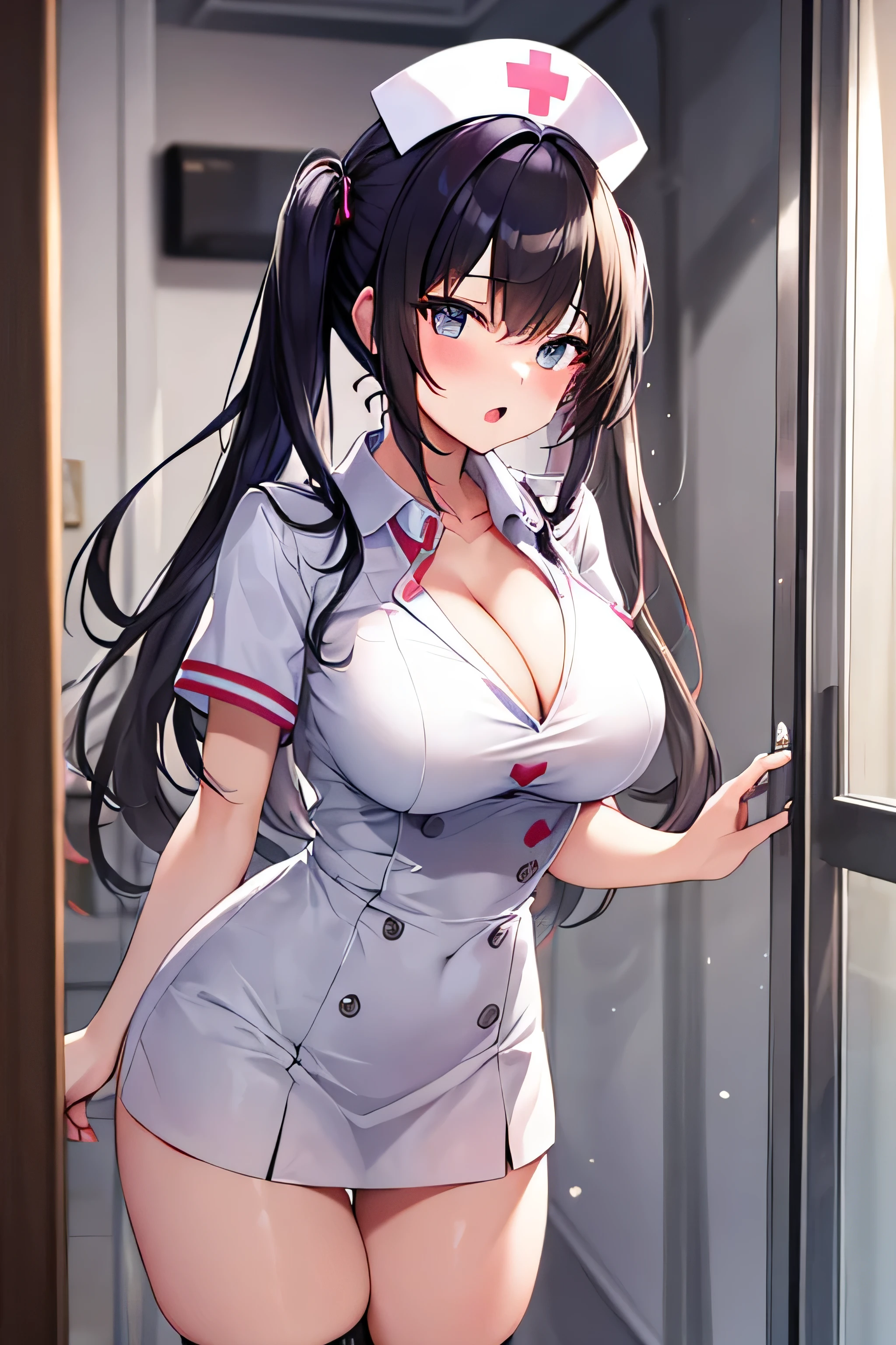 masterpiece、best image quality、ultra high resolution、 girl with big breasts、twin tail hairstyle、black hair、red face、shyly、mock、Open your mouth just a little、A white short-sleeved nurse uniform that shows the cleavage of a teenage girl、white thigh high socks for teenage girls、well-shaped lower body、Inside the hospital