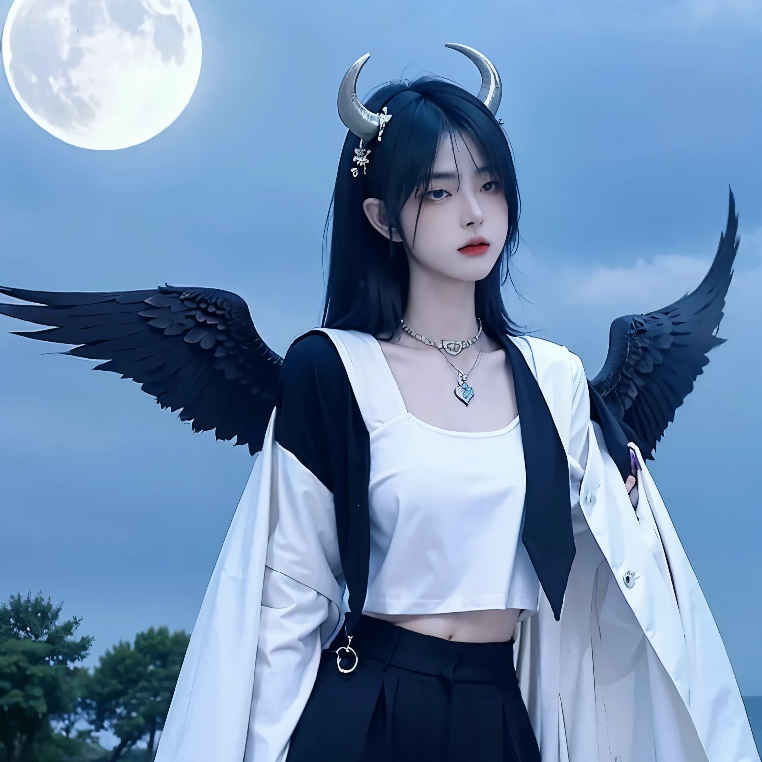 Blue hair,satanic necklace,choker, black suit, suit with tie, black veil, satanic earing,standing in the lake with moon in the sky, angel, wings, White wings, holy girl, horns, lucifer, blue hair, blue hair color