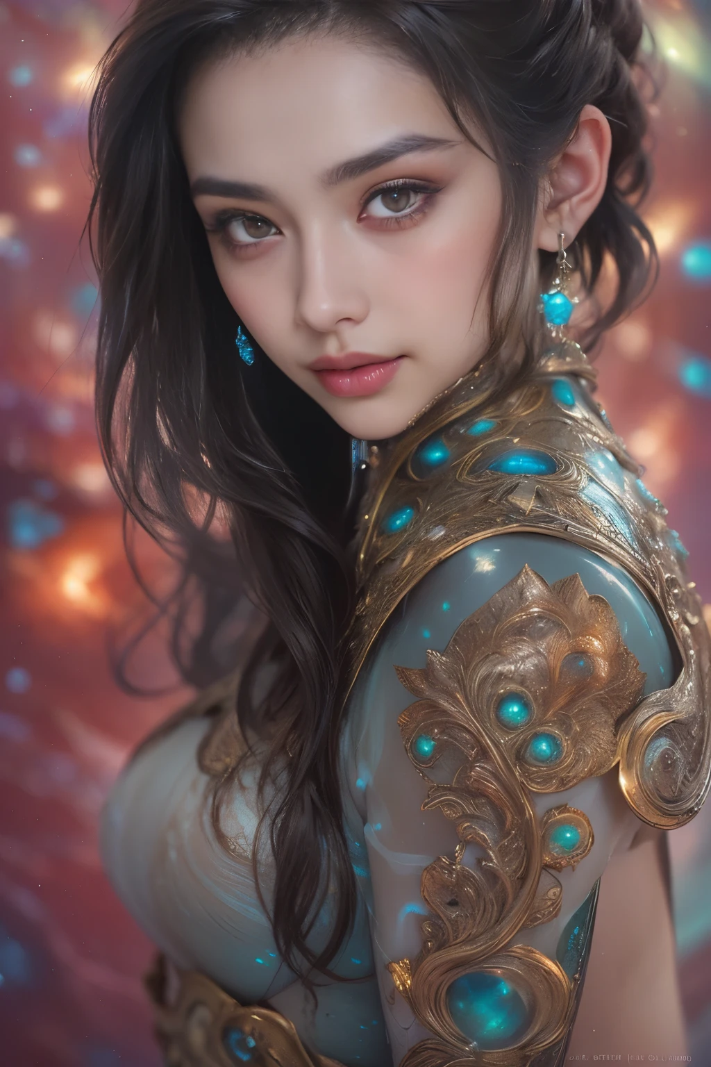 (1 Beautiful Teenage Italian Girls:1.6), (she smiles seductively、looking down at the viewer:1.6), (Wearing a detailed iridescent bodysuit with a beautiful fractal or marble design:1.5), incredibly spectacular scene, ((high quality)), ((be familiar with)), ((fantasy)), blue plasma brain, green plasma body, show your armpits, beautiful breasts, (Small breasts with beautifully raised areolas:1.4), beautiful fur tits, realistic, official art, Unity 8K Wall , 8K portrait, 最high quality, very high resolution, (incredibly beautiful nature background:1.6), (18-year-old:1.5), (sexy and glamorous:1.1), (model pose:1.8), beautiful seductive face, portrait, (thick eyebrows:1.4), (big scarlet eyes:1.6), Beautiful eyes with high bilateral symmetry, (highly detailed eyes:1.4),(highly detailed face and eyes:1.7), (High resolution hair:1.8), intimate face, (Super detailed skin texture:1.4), white skin, white skin, perfect anatomy, thin, (Beautiful toned body:1.5), highly detailed hair, (moist skin:1.2), no makeup, (Bear:1.1), excellent anatomy, Focus Face, good looking, (emilia clarke:0.6) (emma watson:0.3),(jennifer connelly:0.4), Elegant face, (A delicately crafted necklace is wrapped around her neck.), (Bioluminescence with a brilliant glow:1.4), (Shining magic circle:1.5), ruins of an ancient castle, Shining majestic clouds and sky, lightning, spectacular realistic, (greg latkowski:0.8), (teal and orange:0.4), (art station:1.5), cinematic, (NSFW:1.5), Hyper be familiar with, dramatic light, (intricate details:1.1), beautiful black hair, (She wears a gauntlet with a detailed and very beautiful design decorated with jewels.:1.1), Milky Way, (nebula:1.6), dark Knight, Focus on fully armored body, vampire teeth