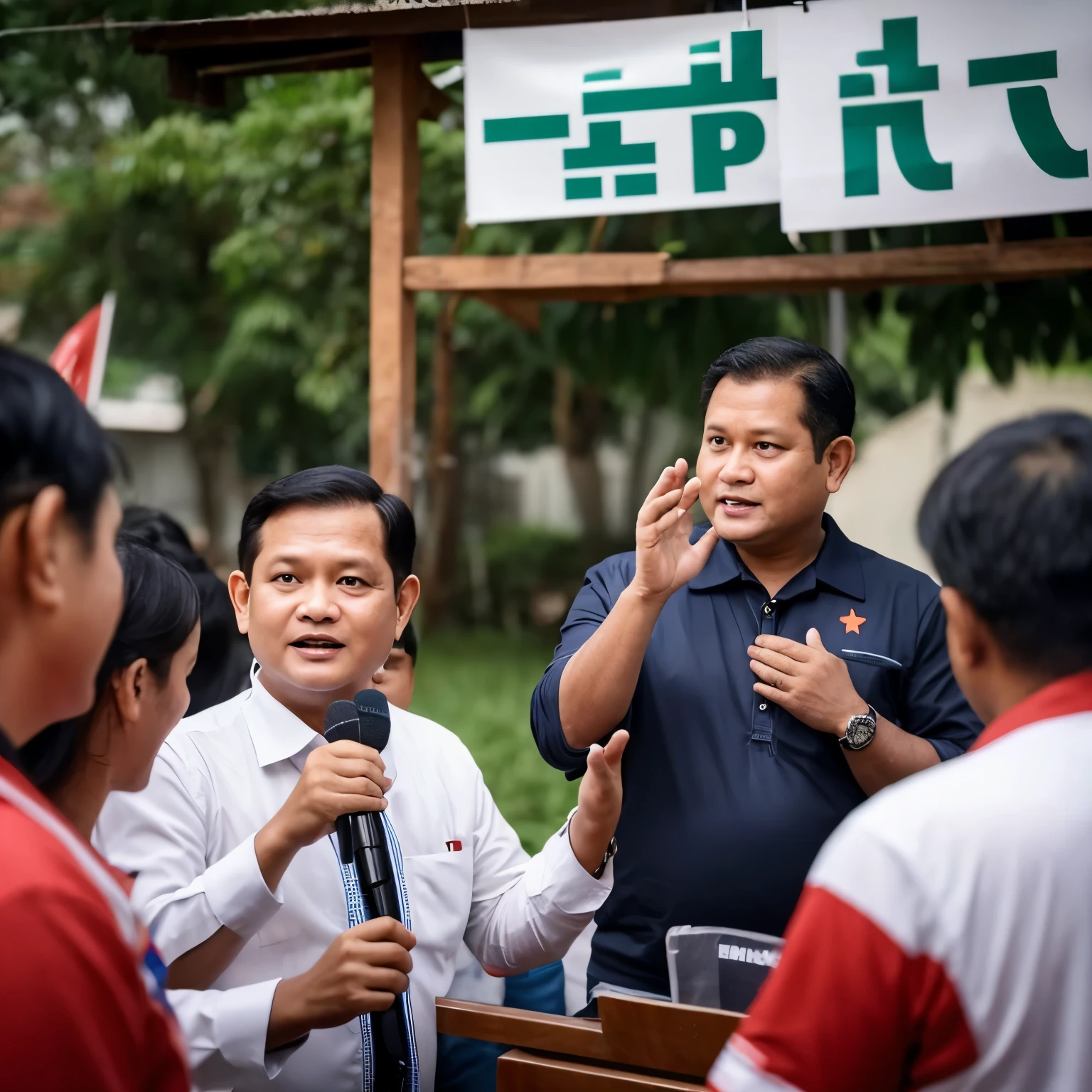 A picture of an election candidate from indonesia (prabowo subianto) giving a speech or interacting with voters.