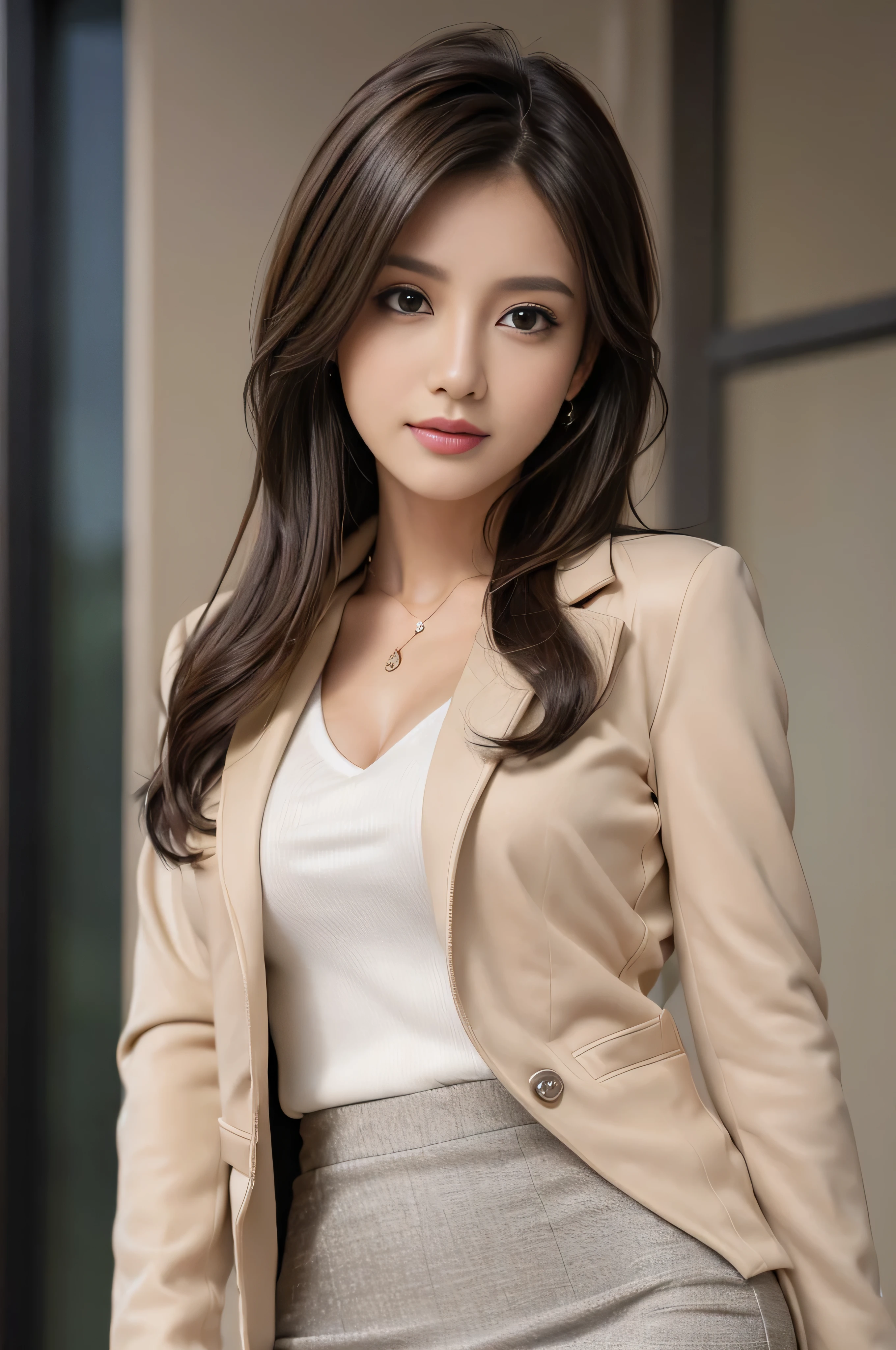 muste piece、highest quality、photorealistic、Super detailed、fine details、High resolution、8K wallpaper、one beautiful woman、、light brown messy hair、wearing a business suit、sharp focus、perfect dynamic composition、beautiful detailed eyes、detailed hair、Detailed realistic skin texture、smile、close up portrait、model body shape、(blazer jacket:1.4)、(pencil skirt:1.4、Jaqueta de Curro:1.3)