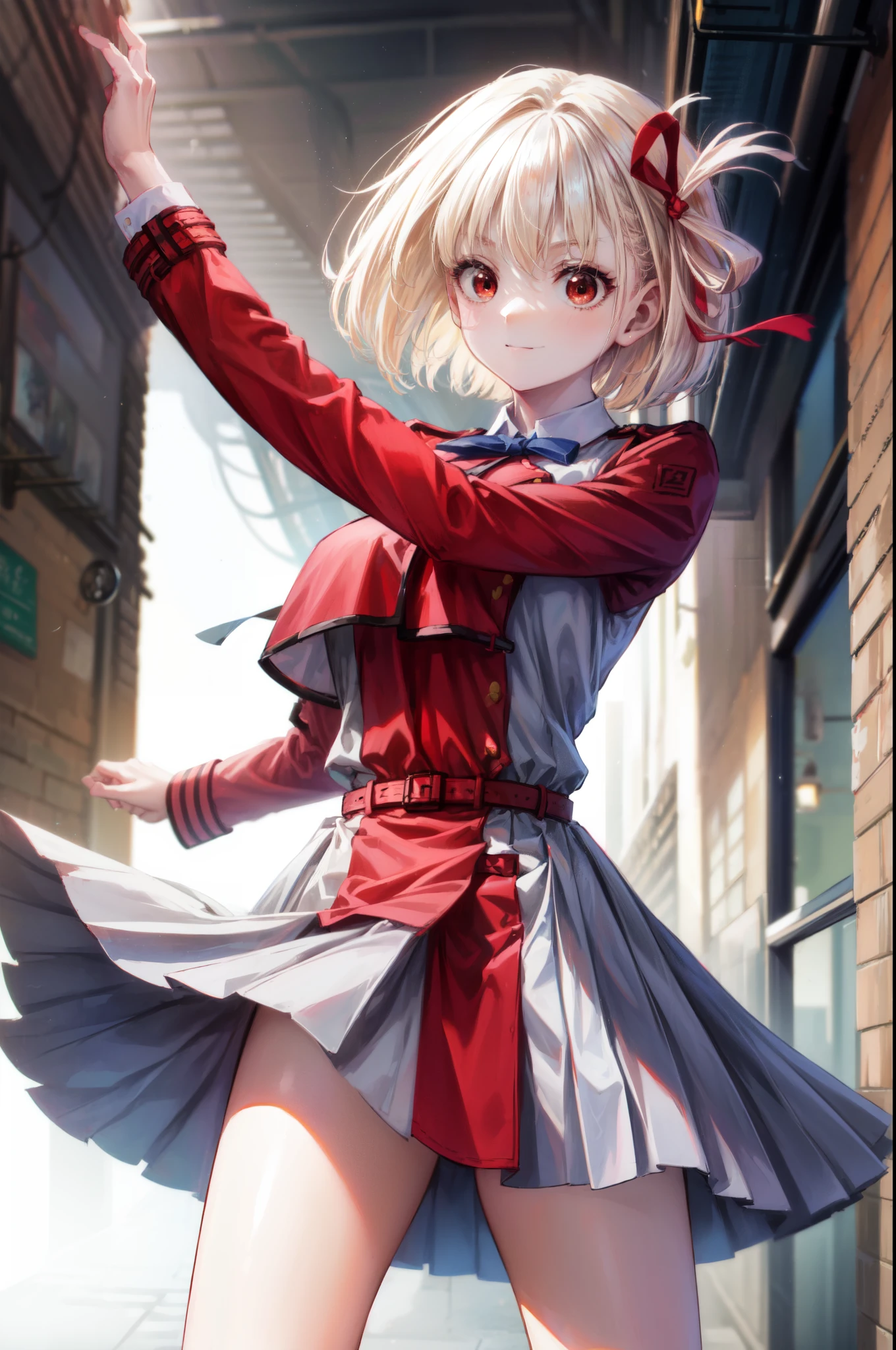 chisatonishikigi, nishikigi chisato, short hair, bangs, blonde hair, (red eyes:1.5), hair ribbon, one side up, bob cut,smile,Triumphant,
break shirt, long sleeve, dress, ribbon, white shirt, collared shirt, belt, neck ribbon, red dress, blue ribbon, pleated dress, grey dress, two-tone dress, red belt, uniform liquor,aim, holding a pistol, hand gun, 膝を地面に着けている
break outdoors, city,Alley,
break looking at viewer, (cowboy shot:1.5),
break (masterpiece:1.2), highest quality, High resolution, unity 8k wallpaper, (figure:0.8), (detailed and beautiful eyes:1.6), highly detailed face, perfect lighting, Very detailed CG, (perfect hands, perfect anatomy),