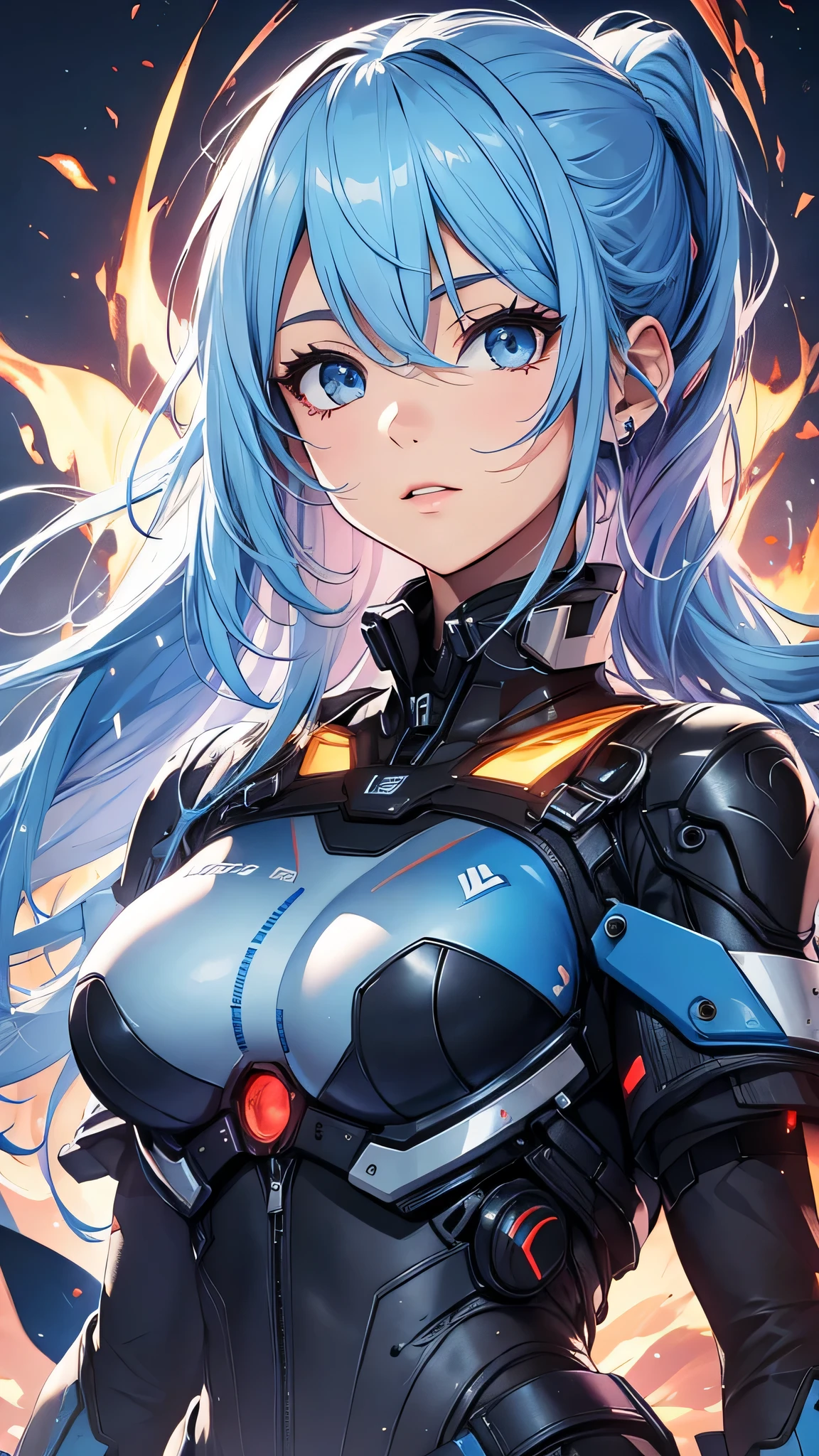 最high quality、best image quality、masterpiece、teenage girl((20-year-old、 By becoming、vest bust、medium bust,wide open breast tea、shining eyes, light blue hair、long hair、thin,highest valley、ponytail、robot body)),high quality、beautiful art、background((spark、up in flames、red lighting))、Flight、debris flies、Depth of written boundary、movie、visual art、perfect art、8k,genuine、