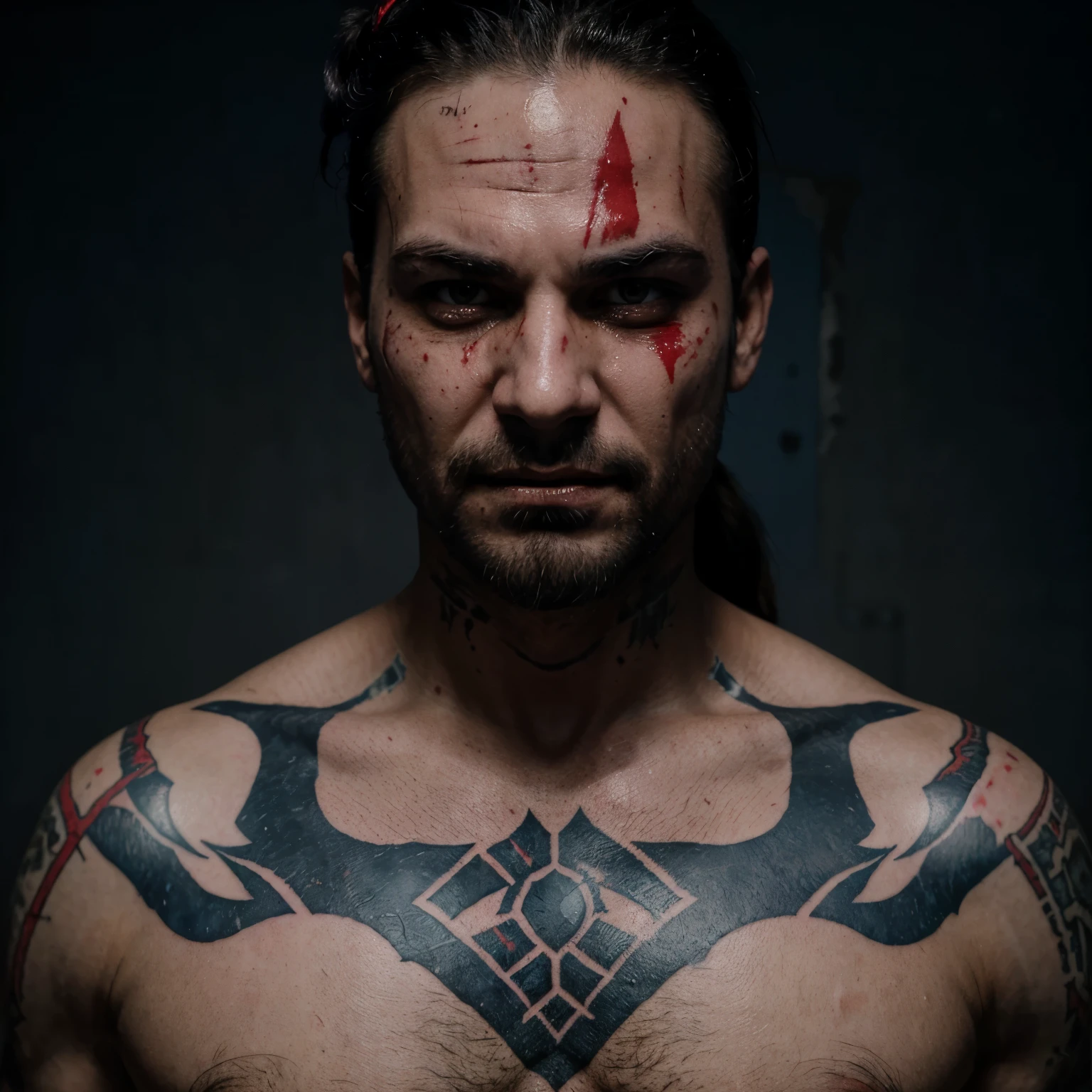 A boy in his 30s,a psycopathic villian with a evil laughter,dark complex colour,a tattoo on his forehead,????????????? stains on his blue toxcedo, full drops on his face with beard with a blade,a pony tail tied with a bone