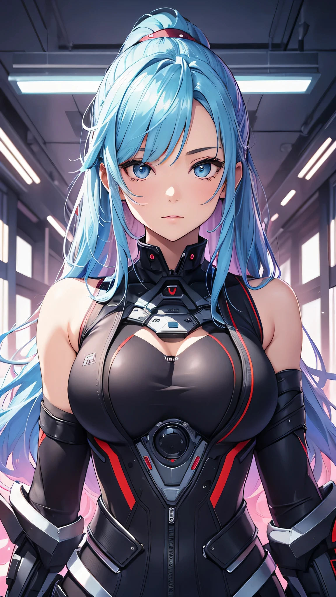 最high quality、best image quality、masterpiece、age girl((20-year-old、 By becoming、vest bust、medium bust,wide open breast tea、shining eyes, light blue hair、long hair、thin,highest valley、ponytail、robot body)),high quality、beautiful art、background((spark、up in flames、red lighting))、Flight、debris flies、Depth of written boundary、movie、visual art、perfect art、8k,genuine、