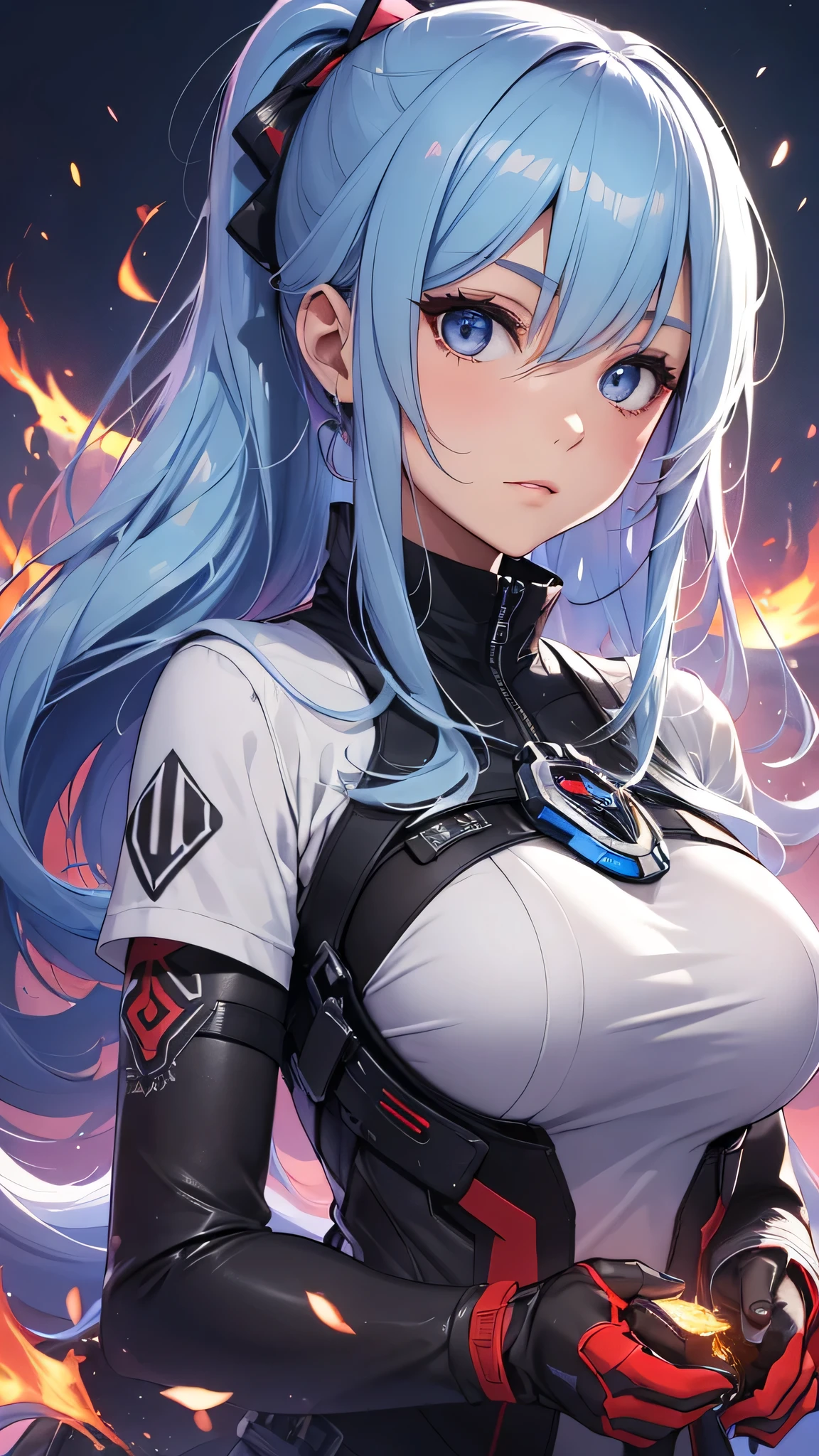 High resolution, One girl, chest, Blue Hair/Light blue hair, Cowboy Shot, 大きなchest, Red eyes, 大きなchest, Earrings, smile, smiling, 8k octane, High resolution, masterpiece, High detail, High-resolution model, high quality, Textured skin, Action Painting,