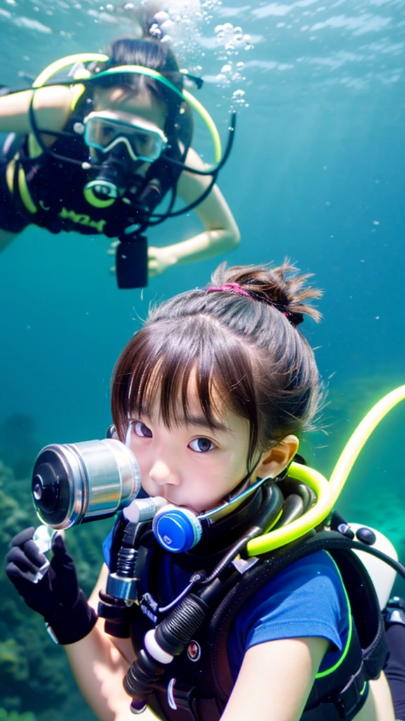 scuba diving, A -yeld Jaese girl breathes from a tank to a regulator., duo colorful tails., masterpiece, Accurate, highest quality, High resolution