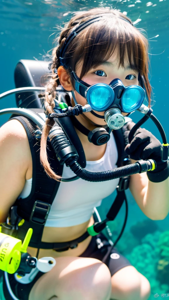 scuba diving, A -yeld Jaese girl breathes from a tank to a regulator., duo colorful tails., masterpiece, Accurate, highest quality, High resolution