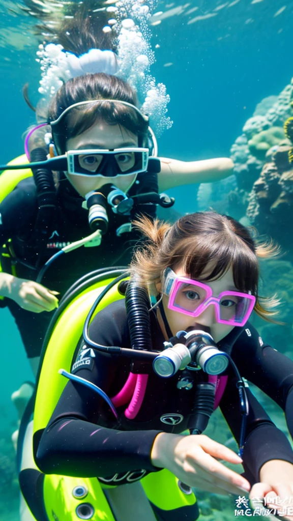 scuba diving, A 10-year-old Japanese girl breathes from a tank to a regulator., duo colorful tails., masterpiece, Accurate, highest quality, High resolution