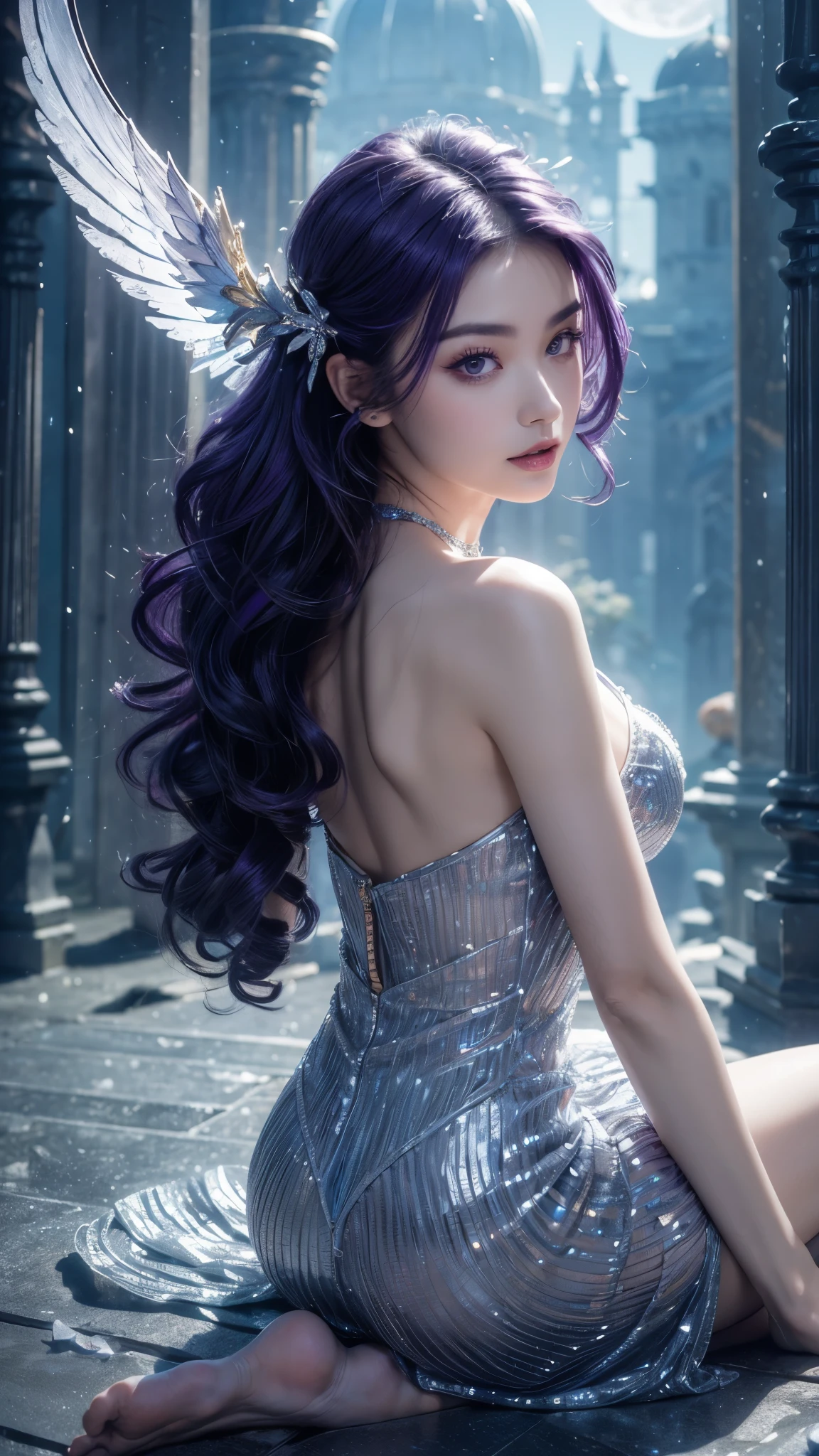(((RAW photo , Extremely detailed, highest quality, High resolution, alone,)))
break、(contrast:1), whole body、 Viewed from directly above, Lying in a flower garden, back is on the floor、
break、 (((purple hair beach wave hairstyle ))), (((cosmetics))),big breasts,
break、white effect, white wings:1.2 , White Angel:1.2, ((night)) 、
break、Vampire Castle, detailed background,, moon、
break、antonio riva dress:1.1,Dress made of slightly see-through fabric:1.3、(very complicated:1.2), high fantasy, beautiful face, pointed ears,
break,background, monochrome, grayscale, barefoot, break、outdoors、river