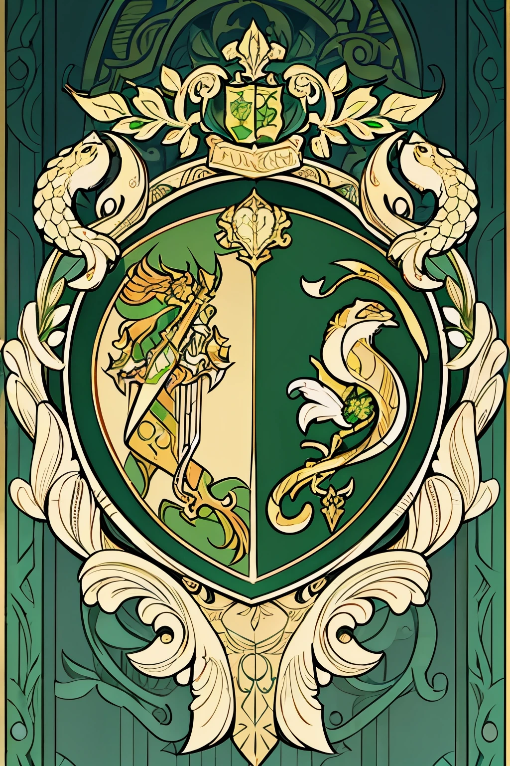 snake in the center of the coat of arms, a gold and green shield with a stylized design on it, shield design, fantasy shield, green and gold armor, shield emblem, royal coat of arms, sword, snake symbol, snake