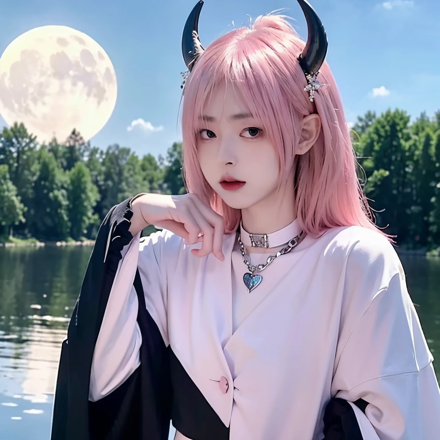 Pink hair,satanic necklace,choker, black suit, suit with tie, black veil, satanic earing,standing in the lake with moon in the sky, angel, wings, White wings, holy girl, horns, lucifer, pink hair