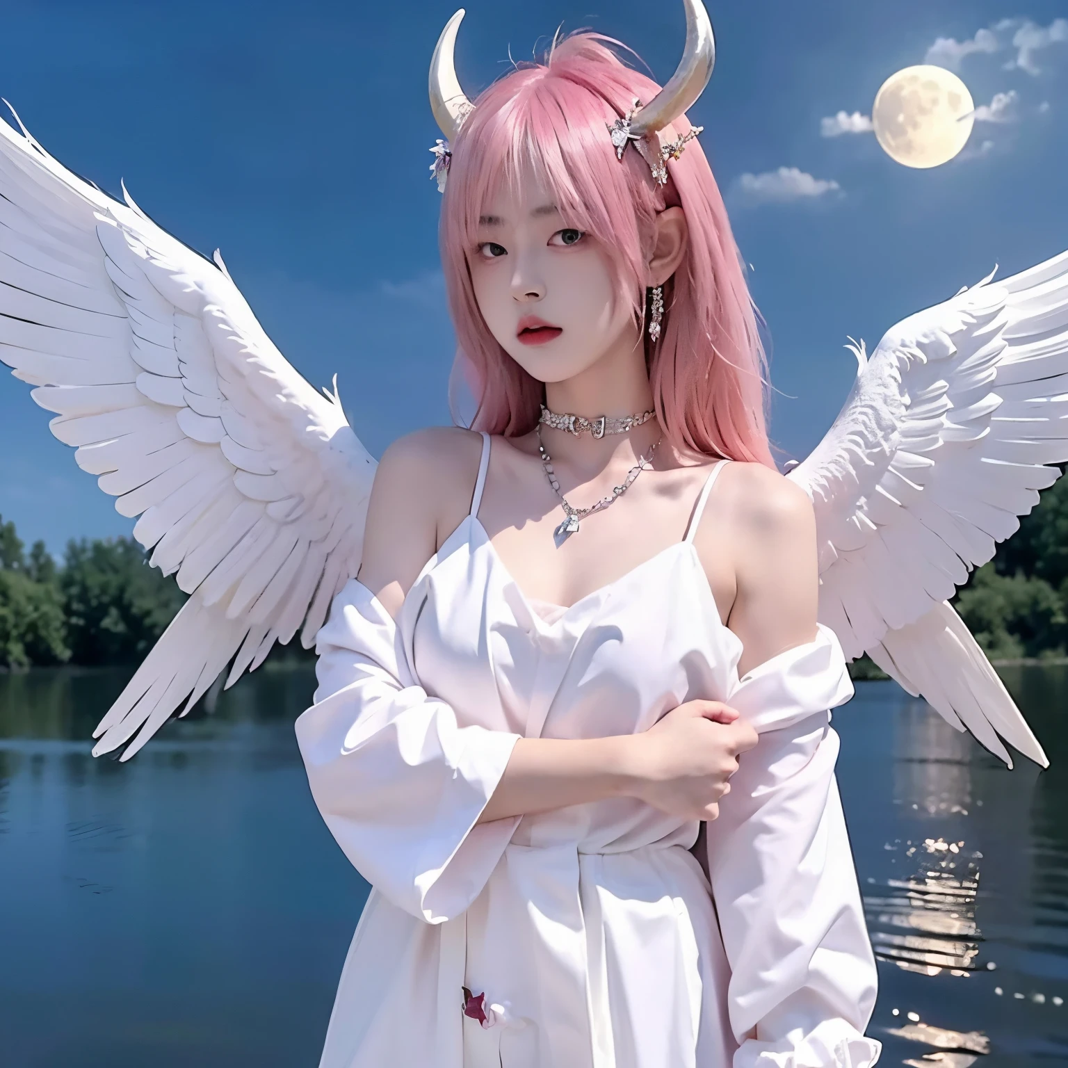 Pink hair,satanic necklace,choker, black suit, suit with tie, black veil, satanic earing,standing in the lake with moon in the sky, angel, wings, White wings, holy girl, horns, lucifer, pink hair