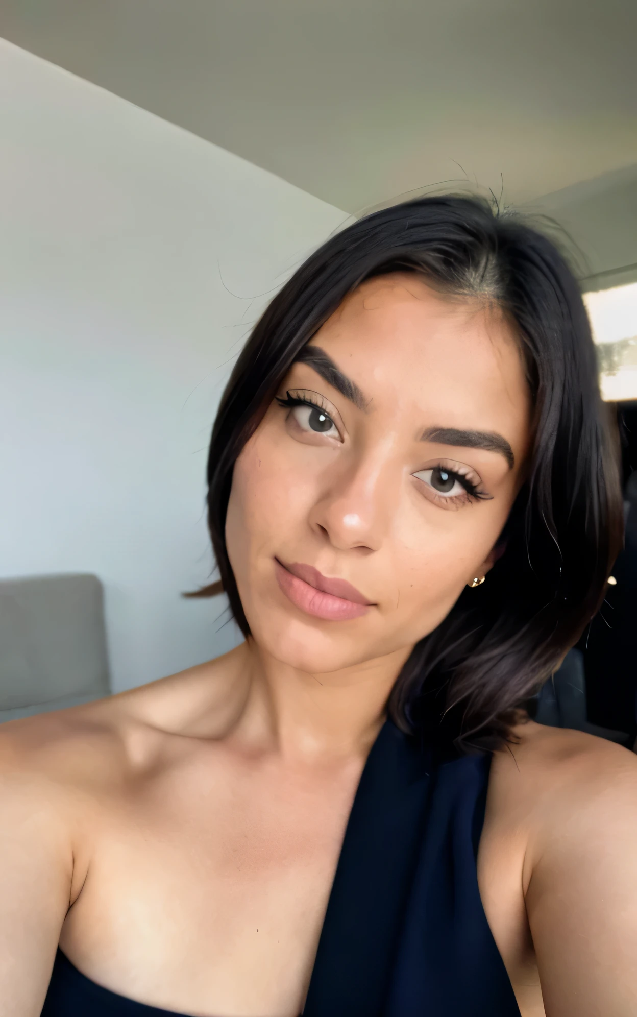 Photorealistic, acuity, Photo brute, amateur photo, belle 29 ans. seins moyens, cheveux mi-long, fille Latina-Espagnole, Photo de dos, robe soyeuse, pull oversize bleu, detailed skin pores & Texture du visage, pores, (chair de poule:0.7), pose dynamique, Regarder le spectateur, Mise au point du visage, Taken with a mobile camera, grain le film 4k