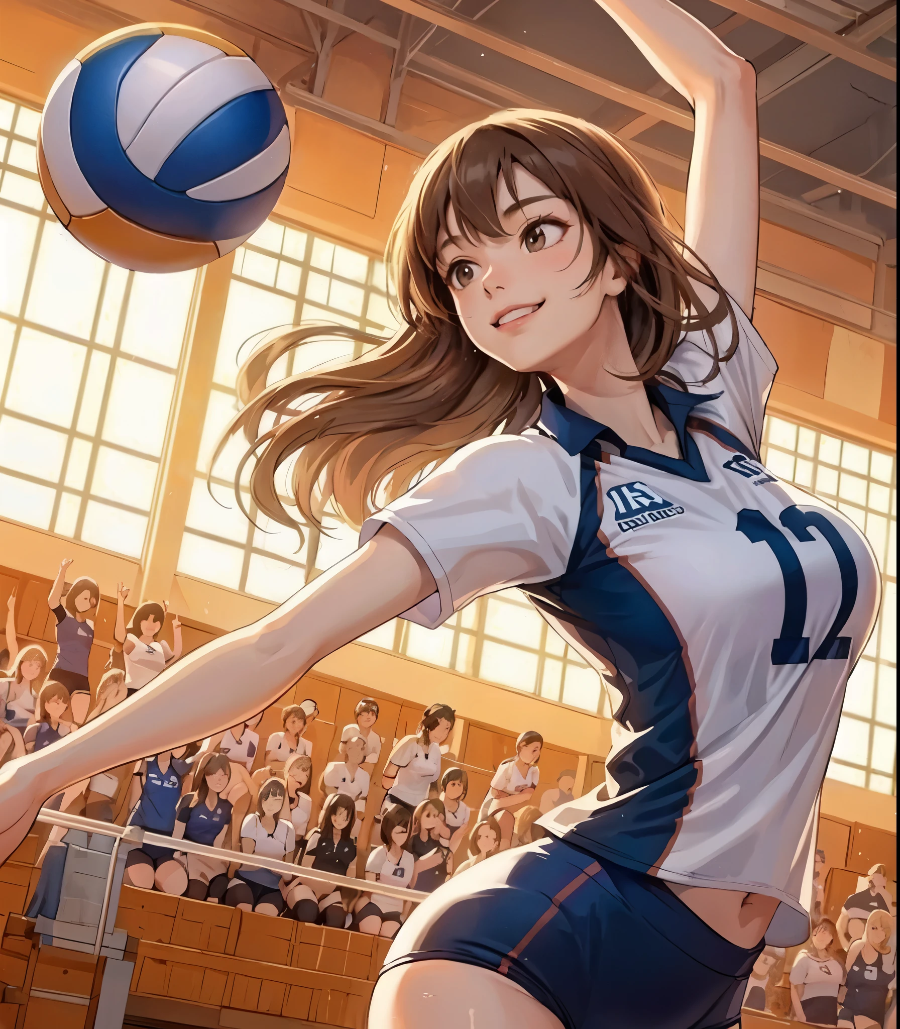 1lady solo, /(volleyball uniform/), dynamic posing, /(light brown hair/) bangs, (light smile, facing away), (masterpiece best quality:1.2) delicate illustration ultra-detailed, large breasts BREAK /(volleyball court indoors/), gymnasium, audience
