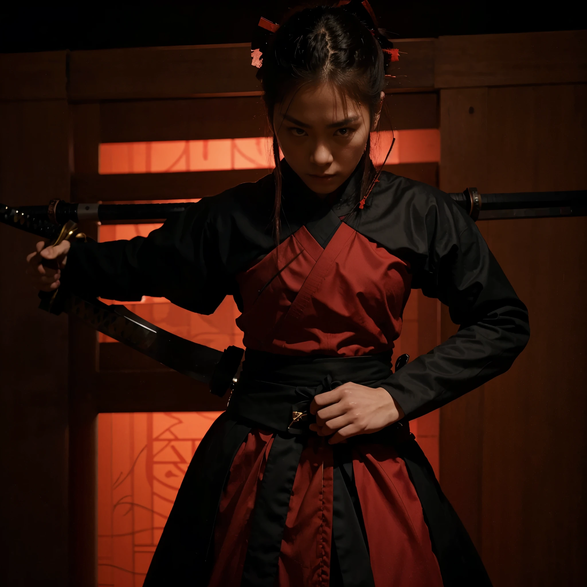 A slim serious samurai wearing red and black themed dress. Holding a katana. Height about 9 feet, very dangerous and skilled.