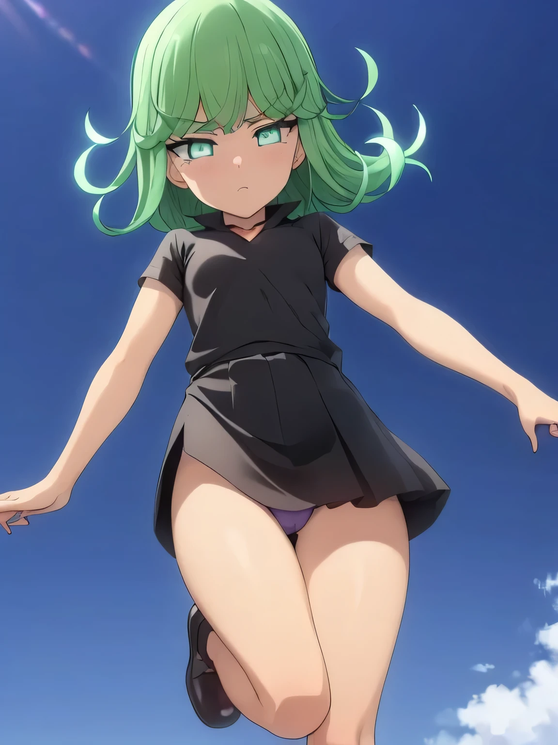 green hair,green eyes,surprised face,tears in my eyes,(collar),(lead)、elementary school girl、((stand with legs apart))、Transparent、(((hide with both hands)))、naked、、lolicon、((flng in the air))、shining outline