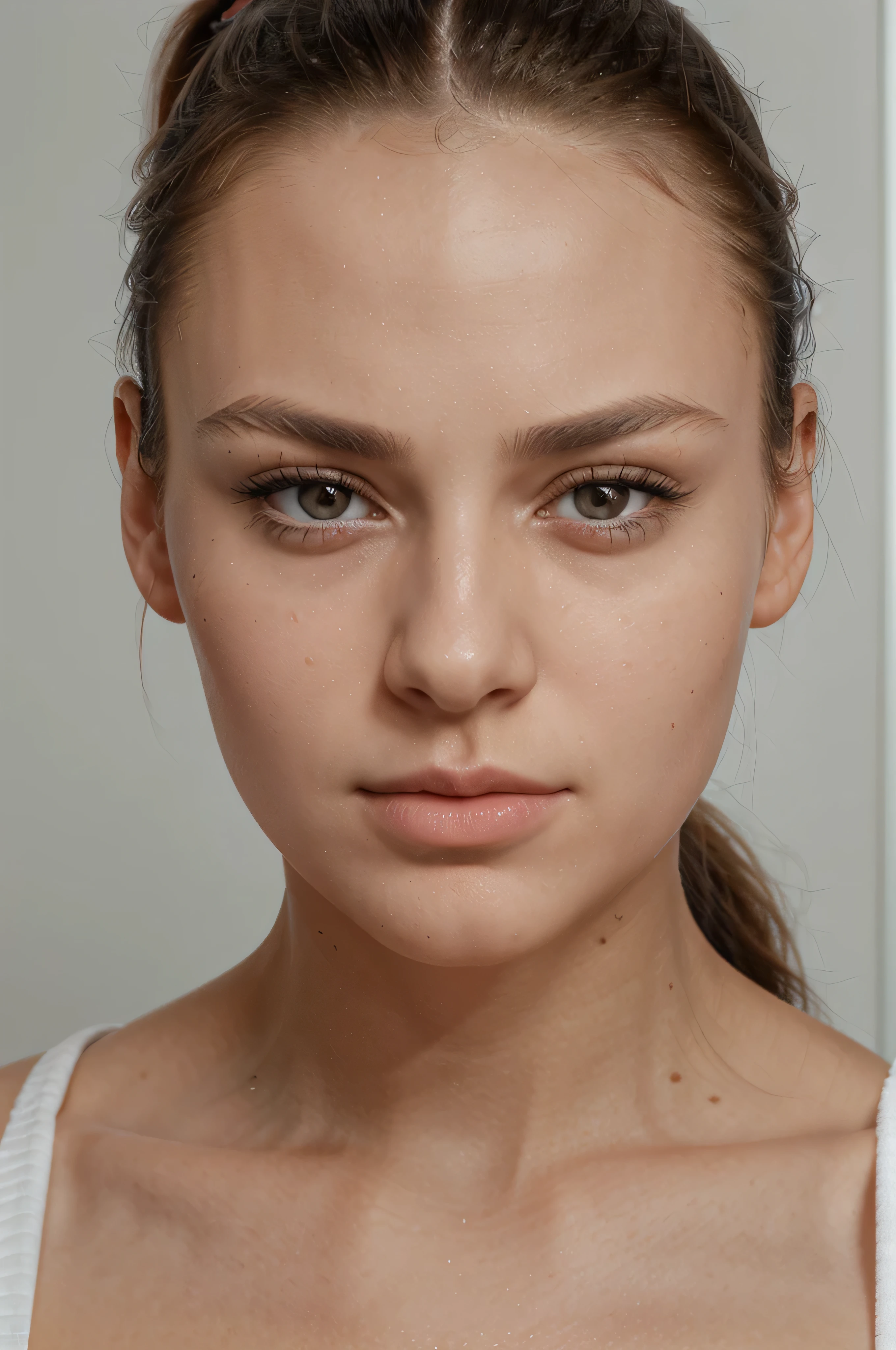 Beautiful girl. beautiful facial features. hair pulled back into a ponytail. photographic portrait. ultrarealism. face close up. looking straight into the camera. full face. emotionless. closed mouth. looks straight into the camera. hair neatly pulled back into a ponytail. passport photo. delicate facial features. plump lips. The face is clearly visible