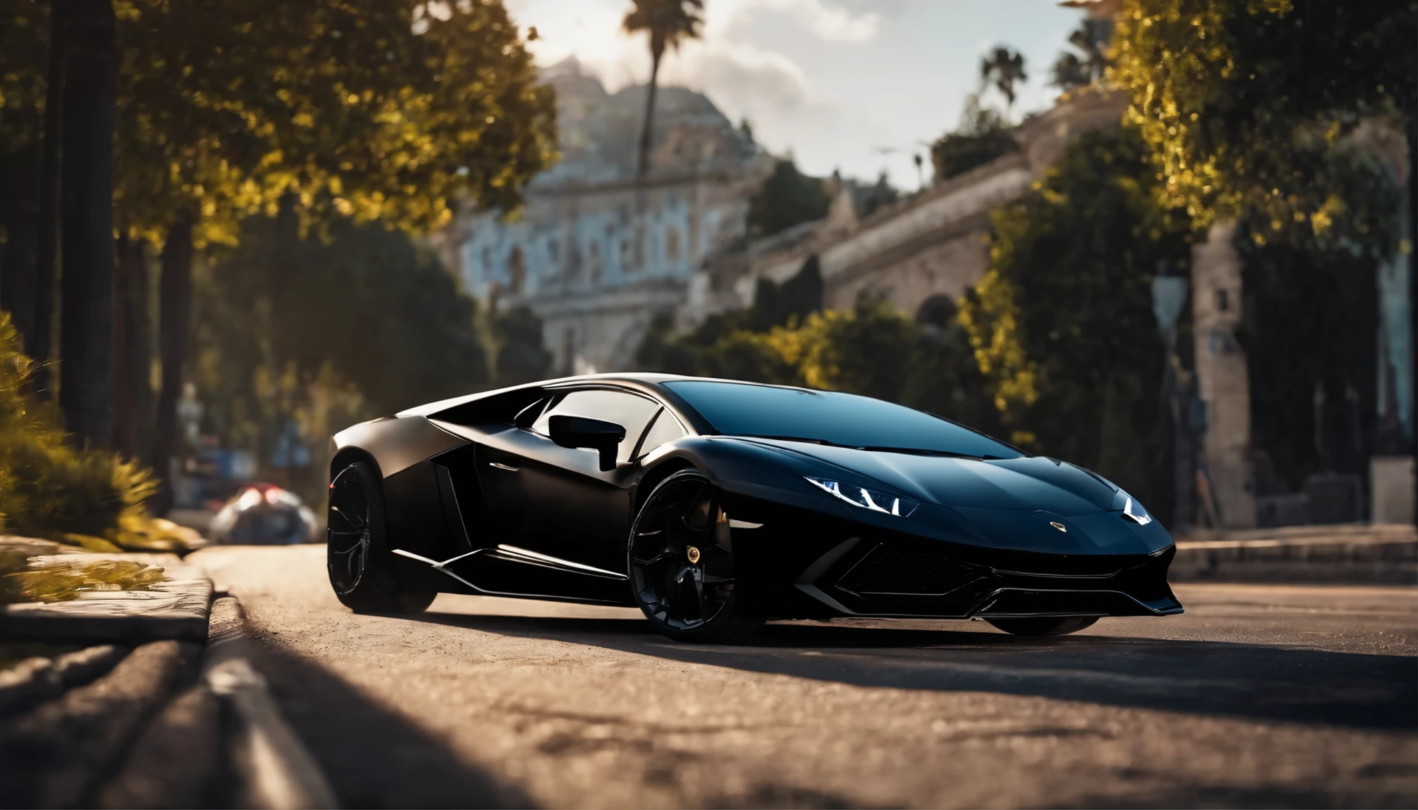 Close-up of a Lamborghini car parked on the street, wallpaper mobile phone, cinematic poster, mobile phone wallpaper, like the matrix, motivational poster,black color lamborghini car,  money falls from the sky,cinematic 4k wallpaper, cinematic 4k wallpaper, Matrix LUT, poster!!!, gta v poster style, automotive photography, Movie-like matte illustration, matte digital illustration, awesome wallpaper, matte painting movie poster, GTA loading screen art, desktop wallpaper 4k 16:9