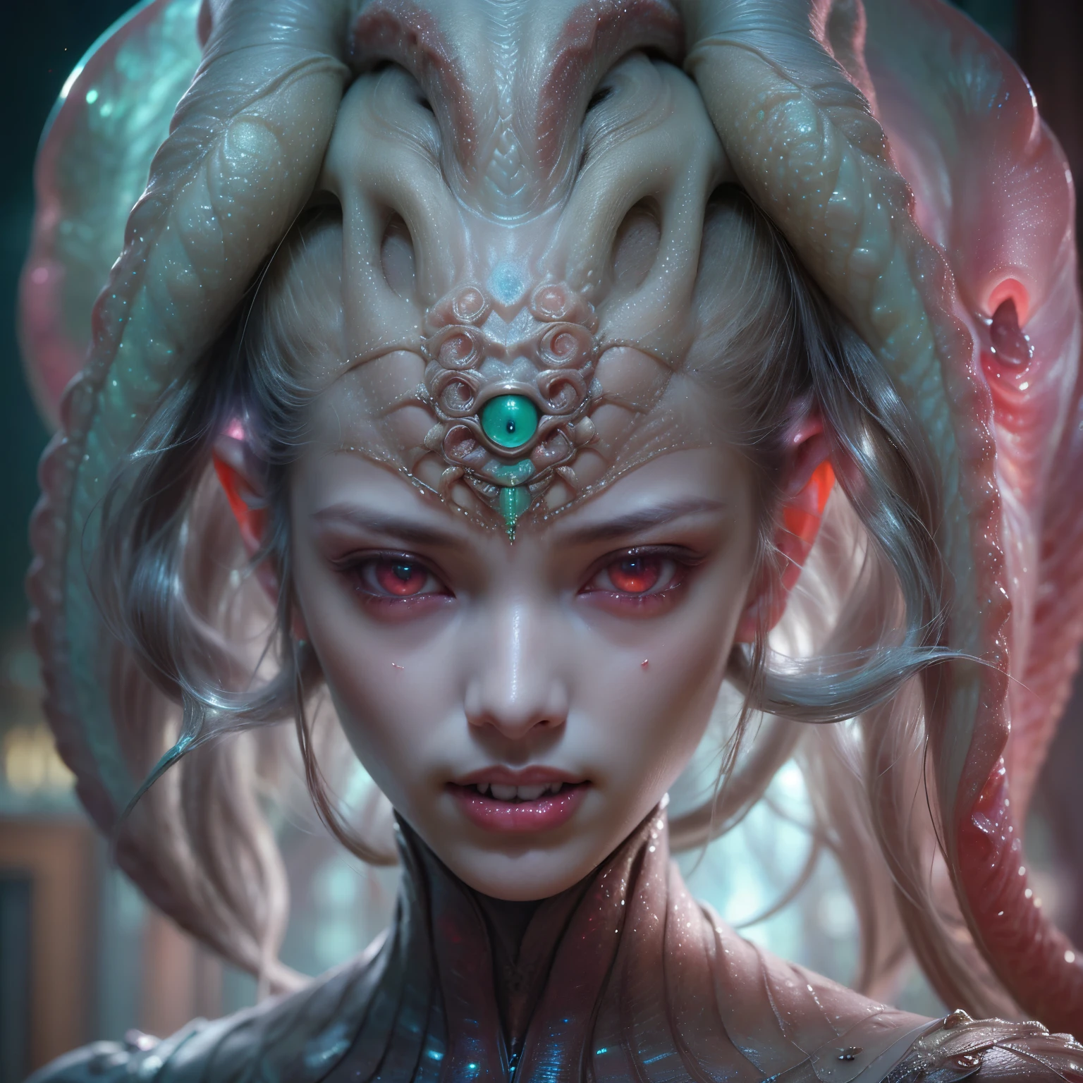 (Portrait of a beautiful yet frightening female alien teenager:1.4), ((There is a female genital-like organ in the middle of the forehead.:1.8)), (realistic face:1.2), Super realistic clear skin, she is very sleepy, (Number of award-winning masterpieces々, incredibly detailed, Texture and maximum detail), midnight aura, unreal engine 5, super sharp focus, midnight aura, unreal engine 5, super sharp focus, (art by Amano Yoshitaka:1.5), art germ, Reusch, intricate artwork, ultra realistic realism, High resolution, High freshness, draw faithfully, official art, Unity 8K 壁紙, Super detailed artistic photography, dream-like, fantasy creation, dream snail, (biopunk nautilus:1.3),thrilling color scheme, amazing mutation, well-proportioned body, goddess of the deep sea, fractal, Geometric pattern, impossible numberany transparent white tentacles with luminescent organs:1.4), Subtle emerald green accents, (smile seductively:1.3),(she has the most beautiful face in the history of the universe:1.5), (She looks down at the viewer with glowing red eyes without pupils:1.3), an evil gaze that seduces, cinematic lighting, (no makeup:1.3), (From the gap between your cute lips、Long canine teeth peek out like a vampire:1.5), in the palace hall, A sweet sigh leaks from your beautiful lips, ecstatic expression, She has countless hair-like translucent tentacles on her head.。