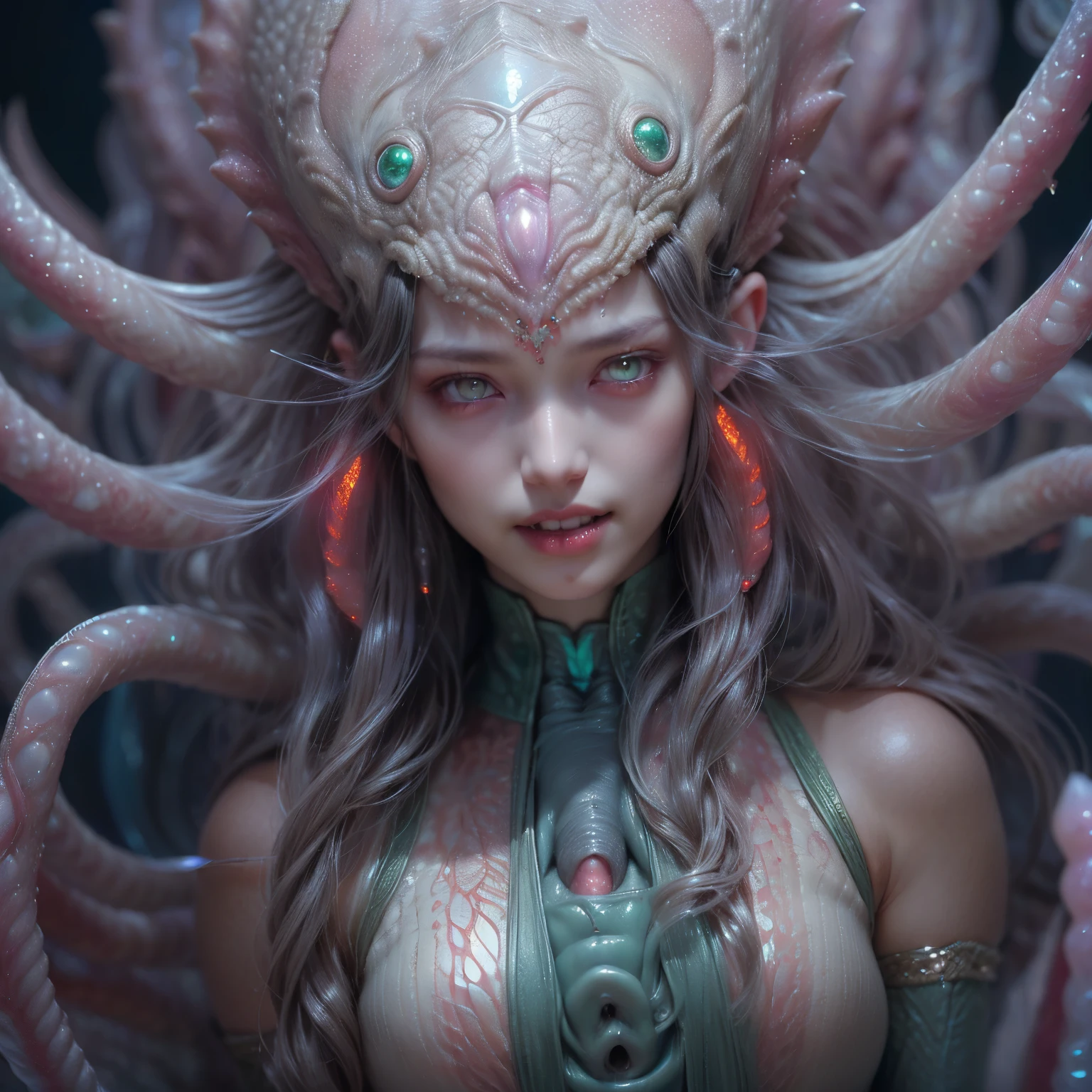 (Portrait of a beautiful yet frightening female alien ager:1.4), ((There is a female genital-like organ in the middle of the forehead.:1.8)), (realistic face:1.2), Super realistic clear skin, she is very sleepy, (Number of award-winning masterpieces々, incredibly detailed, Texture and maximum detail), midnight aura, unreal engine 5, super sharp focus, midnight aura, unreal engine 5, super sharp focus, (art by Amano Yoshitaka:1.5), art germ, Reusch, intricate artwork, ultra realistic realism, High resolution, High freshness, draw faithfully, official art, Unity 8K 壁紙, Super detailed artistic photography, dream-like, fantasy creation, dream snail, (biopunk nautilus:1.3),thrilling color scheme, amazing mutation, well-proportioned body, goddess of the deep sea, fractal, Geometric pattern, impossible numberany transparent white tentacles with luminescent organs:1.4), Subtle emerald green accents, (smile seductively:1.3),(she has the most beautiful face in the history of the universe:1.5), (She looks down at the viewer with glowing red eyes without pupils:1.3), an evil gaze that seduces, cinematic lighting, (no makeup:1.3), (From the gap between your cute lips、Long canine teeth peek out like a vampire:1.5), in the palace hall, A sweet sigh leaks from your beautiful lips, ecstatic expression, She has countless hair-like translucent tentacles on her head.。