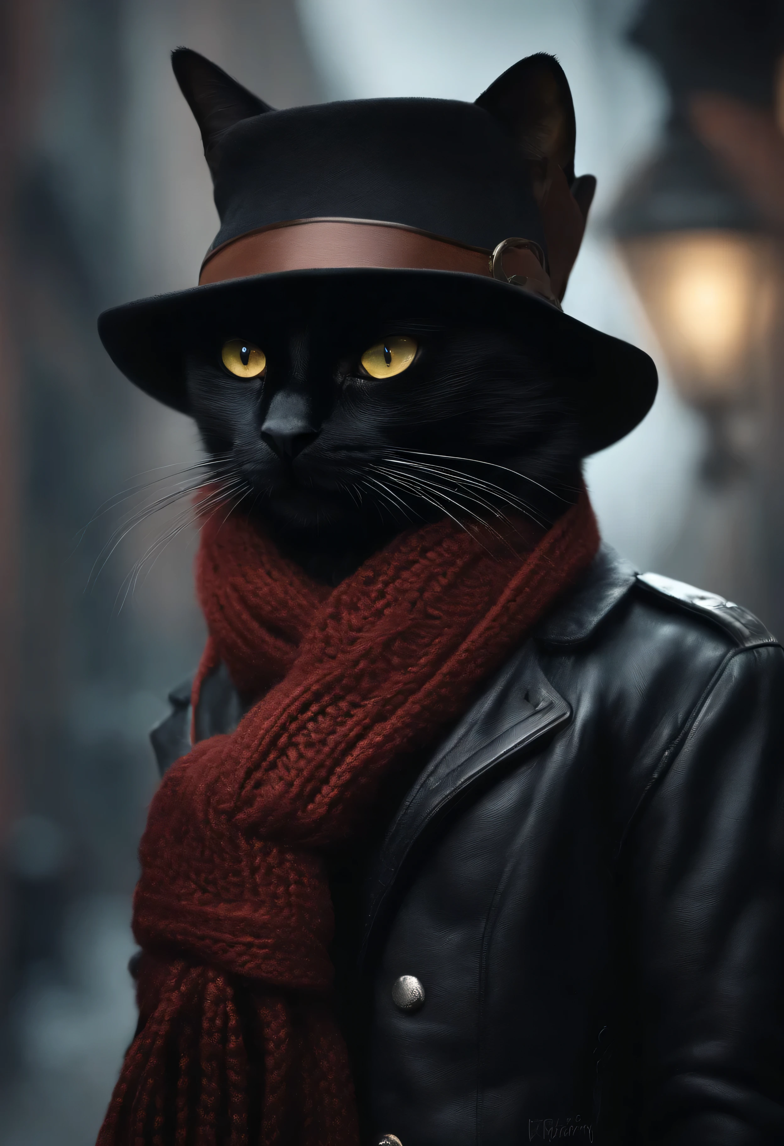photo of a black cat in a hat and scarf, Trendy ArtStation, Punk attire, Detailed, ultra-realistic rendering, British gang members, Street style, intimidating pose, planet of cats, Trendy clothes, Urban Samurai, Meow, steampunk, 8 1 5
