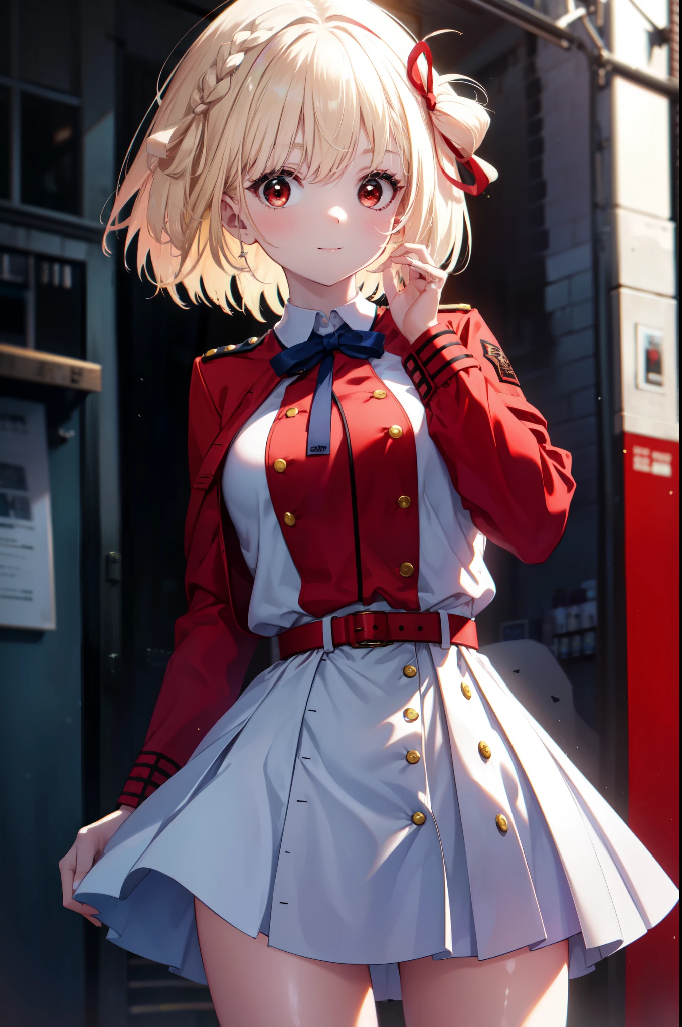 chisatonishikigi, nishikigi chisato, short hair, bangs, blonde hair, (red eyes:1.5), hair ribbon, one side up, bob cut,smile,Triumphant,
break shirt, long sleeve, dress, ribbon, white shirt, collared shirt, belt, neck ribbon, red dress, blue ribbon, pleated dress, grey dress, two-tone dress, red belt, uniform liquor,aim, holding a pistol, hand gun, 
break outdoors, city,
break looking at viewer, (cowboy shot:1.5),
break (masterpiece:1.2), highest quality, High resolution, unity 8k wallpaper, (figure:0.8), (detailed and beautiful eyes:1.6), highly detailed face, perfect lighting, Very detailed CG, (perfect hands, perfect anatomy),