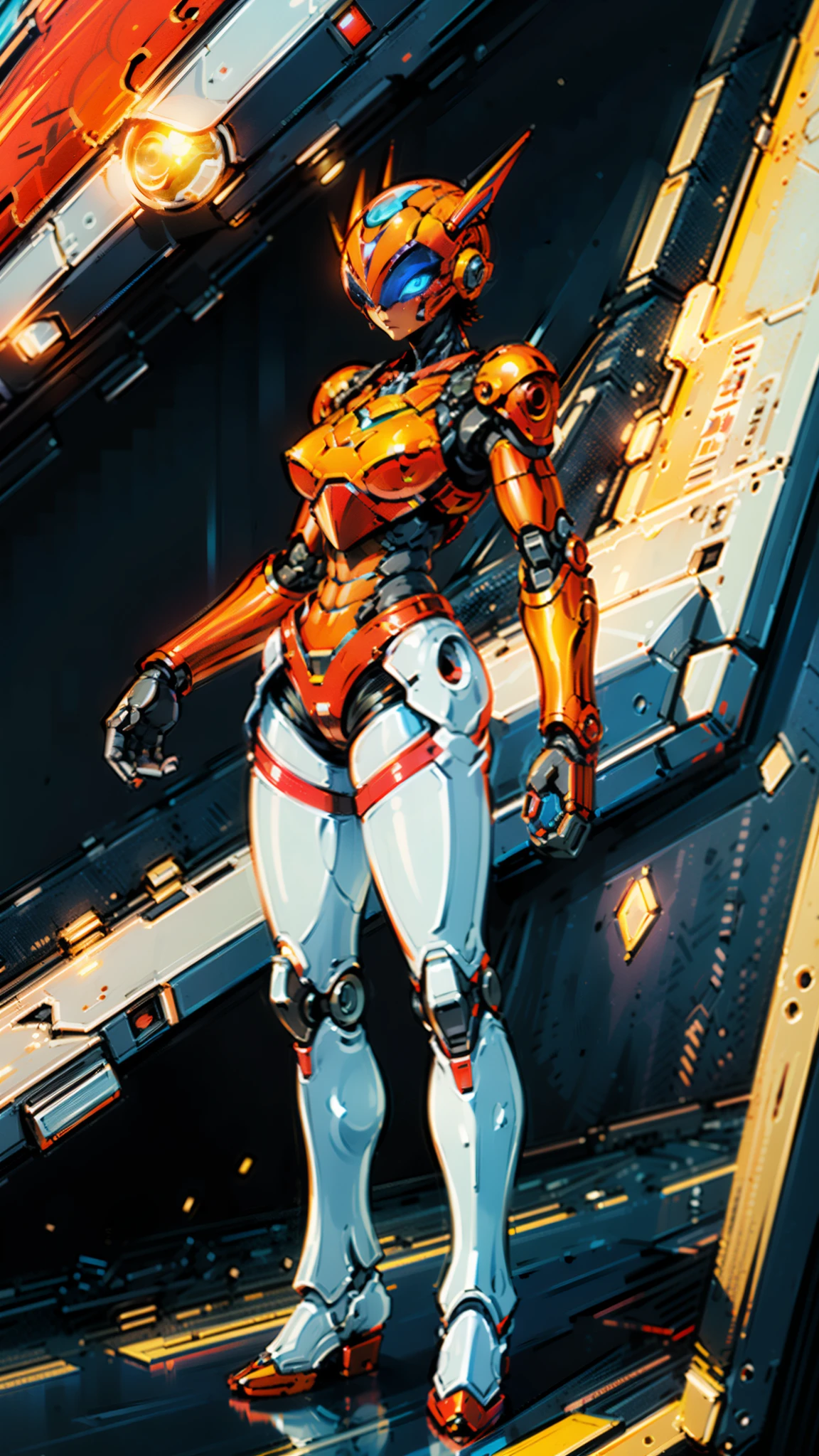 A woman adorned in fantasy-style full-body armor, a crown-concept fully enclosed helmet that unveils only her eyes, a composite layered chest plate, fully encompassing shoulder and hand guards, a lightweight waist armor, form-fitting shin guards, the overall design is heavy-duty yet flexible, ((the armor gleams with a golden glow, complemented by red and blue accents)), exhibiting a noble aura, she floats above a fantasy-surreal high-tech city, this character embodies a finely crafted fantasy-surreal style armored hero in anime style, exquisite and mature manga art style, (Queen bee mixed with Spider concept Armor, plasma, blood), ((Element, energy, elegant, goddess, femminine:1.5)), metallic, high definition, best quality, highres, ultra-detailed, ultra-fine painting, extremely delicate, professional, anatomically correct, symmetrical face, extremely detailed eyes and face, high quality eyes, creativity, RAW photo, UHD, 32k, Natural light, cinematic lighting, masterpiece-anatomy-perfect, masterpiece:1.5