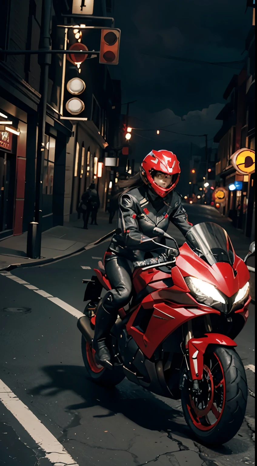 Highest picture quality, Outstanding details, Ultra high resolution, (realism: 1.4), best illustrations, Favor details, 1girl is very intense., With a delicate and beautiful face, Dressed in black and red machinery., Wear a mecha helmet., Holding the directional control, riding a motorcycle, The background is a high-tech light scene of a futuristic city..Full body image, full body view HD200k