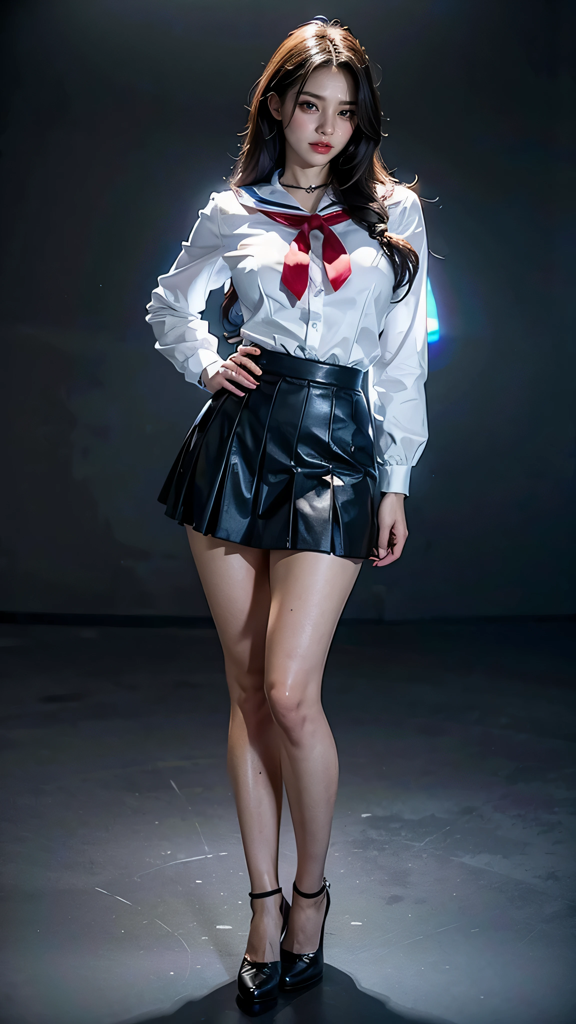(masterpiece, best quality, realistically, Work, super detailed, 8k), ((Wide-angle lens, Full body female love)), 1 girl,Light makeup,Exquisite facial features,Smile,Exquisite hairstyle, long hair,big breasts,Correct finger structure,Sailor suit,Dark blue pleated skirt,front standing posture ,facing the audience,full body portrait,gray background,nothing in the background