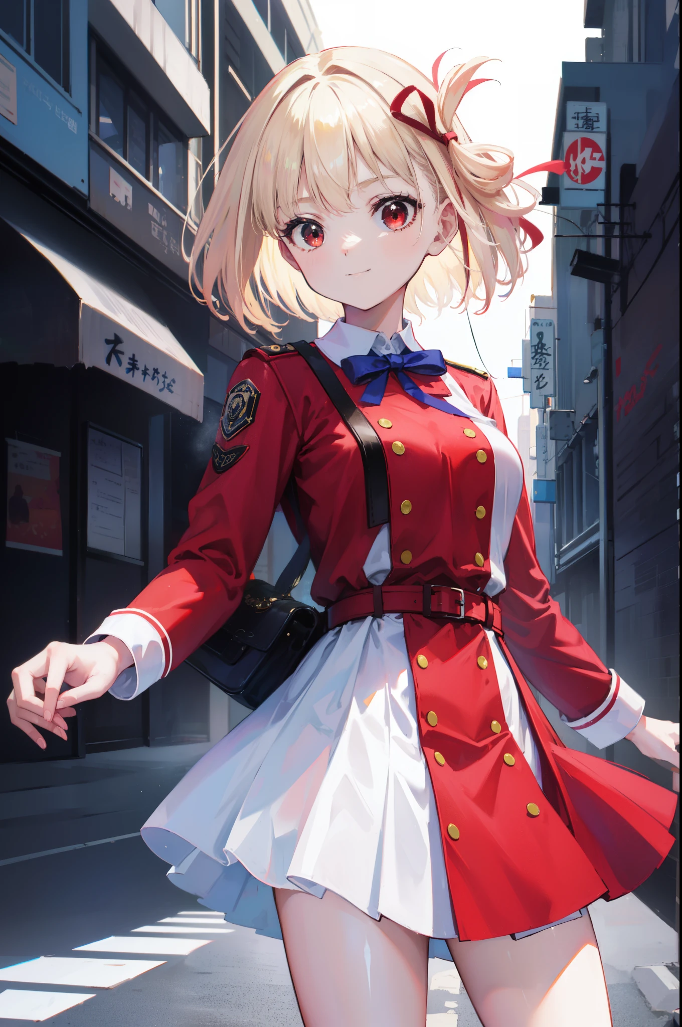 chisatonishikigi, nishikigi chisato, short hair, bangs, blonde hair, (red eyes:1.5), hair ribbon, one side up, bob cut,smile,Triumphant,
break shirt, long sleeve, dress, ribbon, white shirt, collared shirt, belt, neck ribbon, red dress, blue ribbon, pleated dress, grey dress, two-tone dress, red belt, uniform liquor,aim, pistol(Tokyo Marui M1911A1 Colt Government)hold, hand gun(Tokyo Marui M1911A1 Colt Government), 膝を地面に着けている
break outdoors, city,Alley,
break looking at viewer, (cowboy shot:1.5),
break (masterpiece:1.2), highest quality, High resolution, unity 8k wallpaper, (figure:0.8), (detailed and beautiful eyes:1.6), highly detailed face, perfect lighting, Very detailed CG, (perfect hands, perfect anatomy),