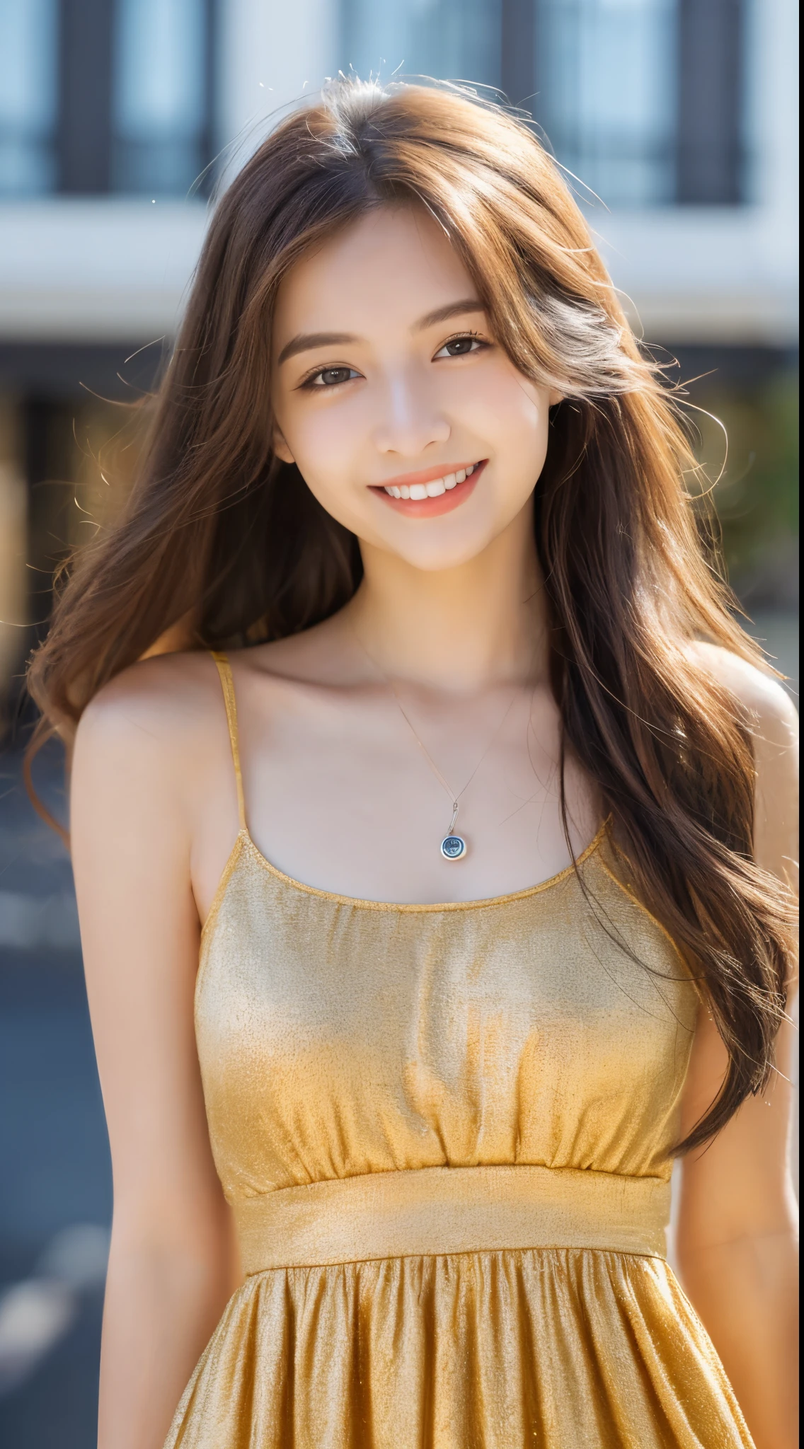 ulzzang-6500-v1.1, (RAW photo:1.2), (Photoreal), (genuine:1.4), (muste piece), beautiful woman with perfect figure: 1.2, dark brown hair, wearing a pendant, strapless、elegant long dress、(very kind smile:1.2)、 highly detailed face and skin, fine eyes, double eyelid, ((full body shot:1.3))、