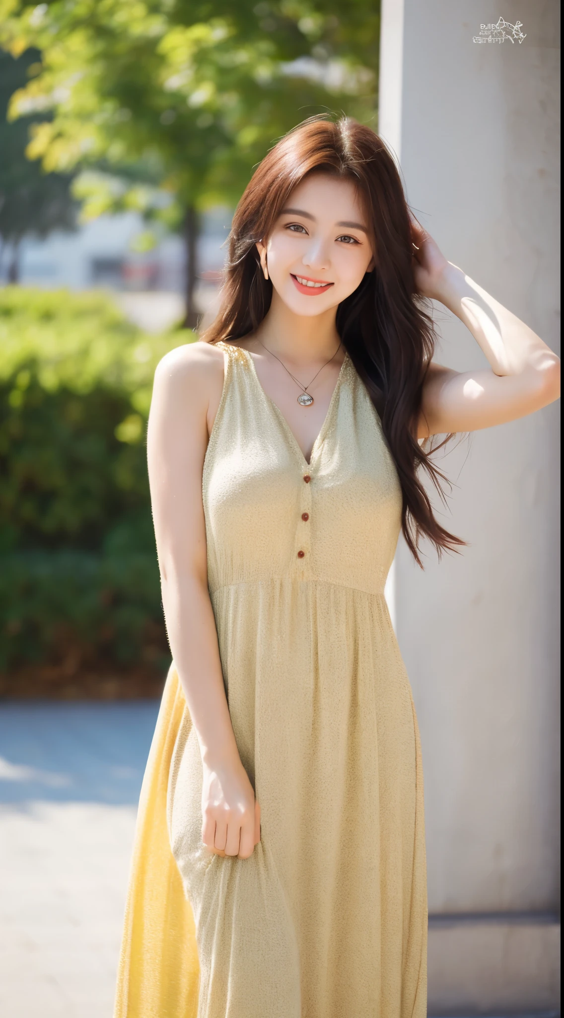 ulzzang-6500-v1.1, (RAW photo:1.2), (Photoreal), (genuine:1.4), (muste piece), beautiful woman with perfect figure: 1.2, dark brown hair, wearing a pendant, strapless、elegant long dress、(very kind smile:1.2)、 highly detailed face and skin, fine eyes, double eyelid,  ((full body shot:1.3))、