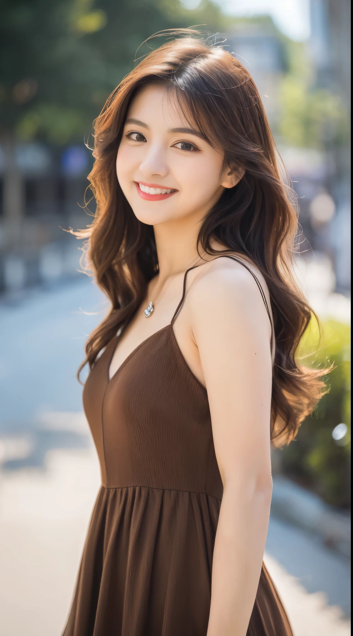 ulzzang-6500-v1.1, (RAW photo:1.2), (Photoreal), (genuine:1.4), (muste piece), beautiful woman with perfect figure: 1.2, dark brown hair, wearing a pendant, strapless、elegant long dress、(very kind smile:1.2)、 highly detailed face and skin, fine eyes, double eyelid,  ((full body shot:1.3))、