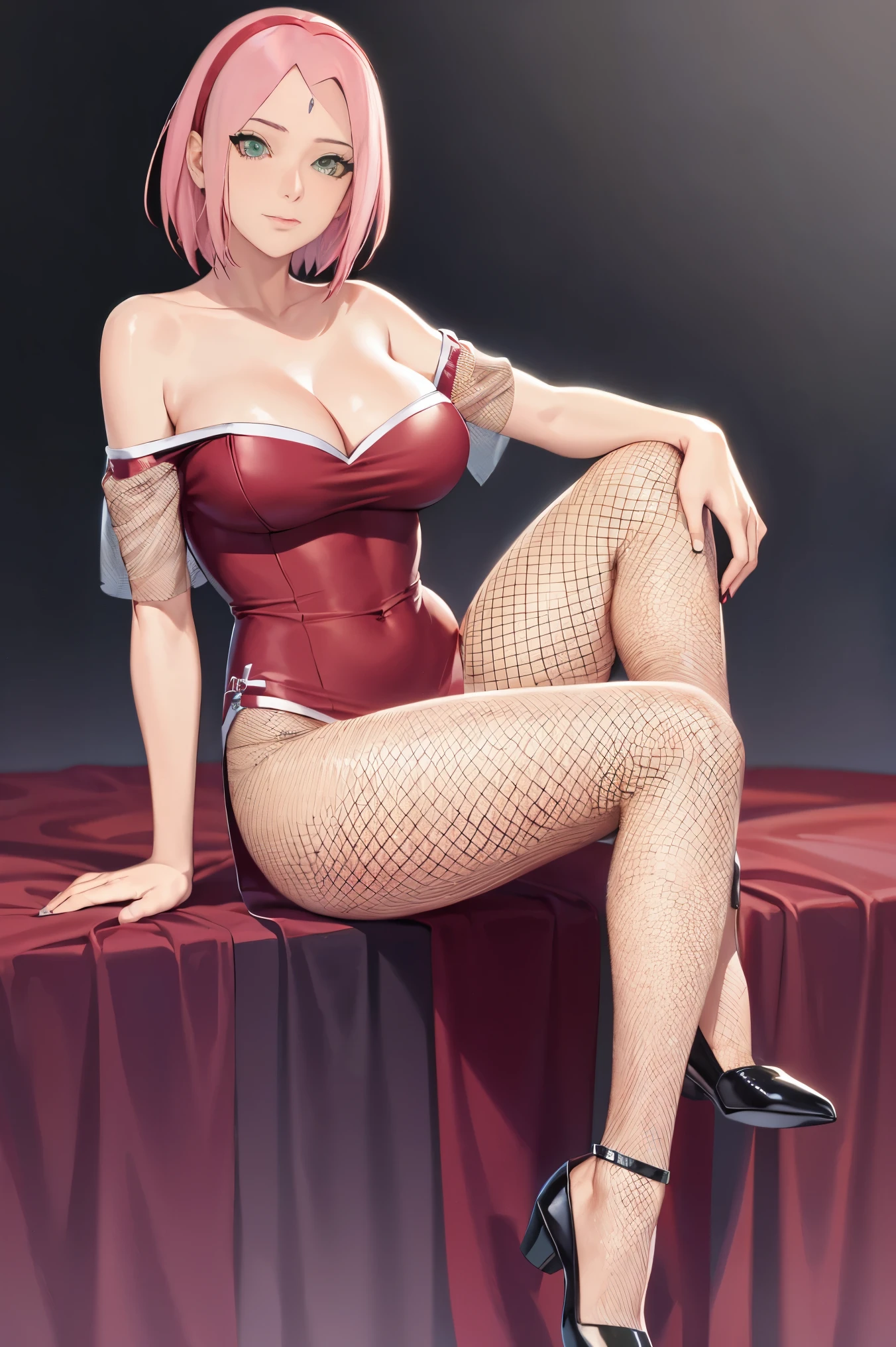 (((fishnet costume))), masterpiece, Best quality at best, 1girll, Sakura Haruno, Large breasts,Off-the-shoulder attire,(cleavage),(full body closeup),Raised legs ,is shy,with pink hair, long whitr hair, (Green eyeballs:1.4), sexy