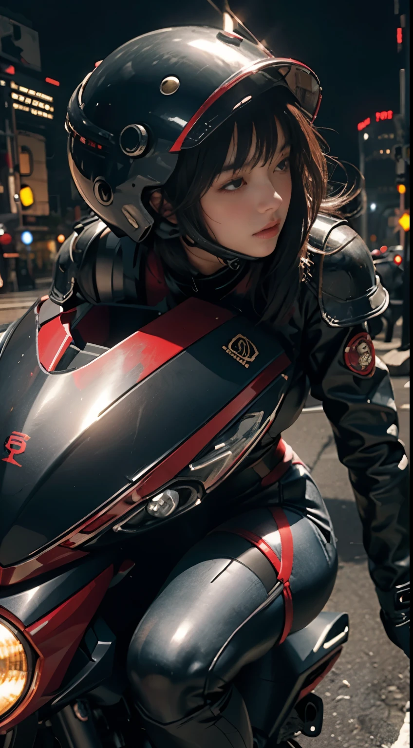 Highest picture quality, Outstanding details, Ultra high resolution, (realism: 1.4), best illustrations, Favor details, 1girl is very intense., With a delicate and beautiful face, Dressed in black and red machinery., Wear a mecha helmet., Holding the directional control, riding a motorcycle, The background is a high-tech light scene of a futuristic city..Full body image, full body view HD200k