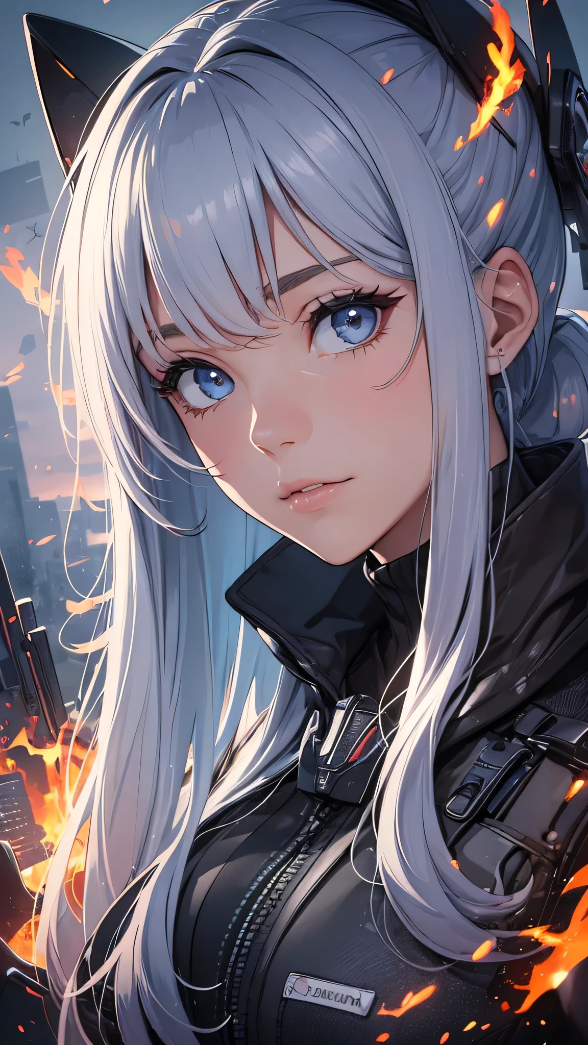 最high quality、best image quality、masterpiece、teenage girl((20-year-old、 By becoming、vest bust、medium bust,wide open breast tea、shining eyes, light blue hair、long hair、thin,highest valley、ponytail、robot body)),high quality、beautiful art、background((spark、up in flames、red lighting))、Flight、debris flies、Depth of written boundary、movie、visual art、perfect art、8k,genuine、