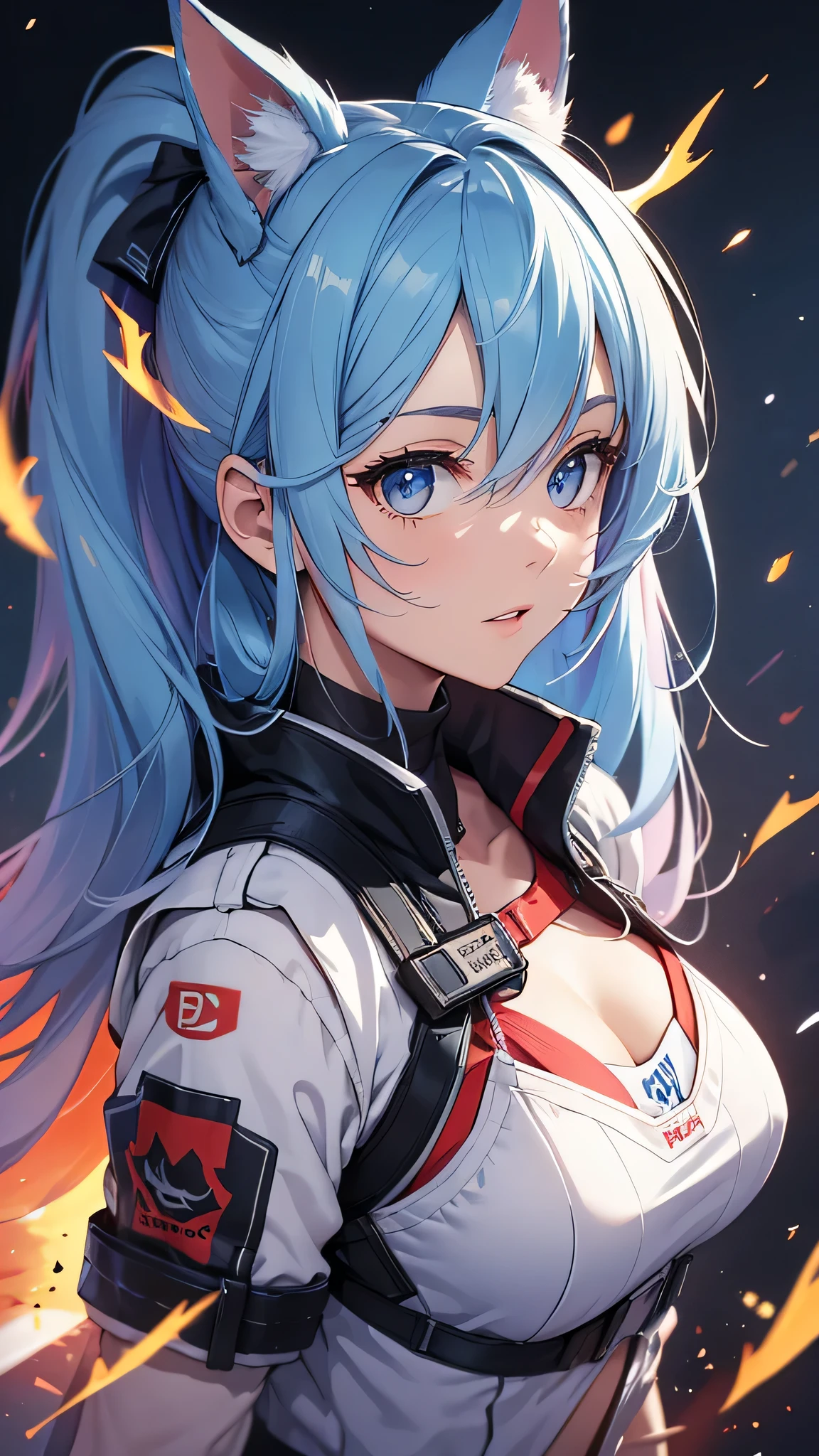 最high quality、best image quality、masterpiece、age girl((20-year-old、 By becoming、vest bust、medium bust,wide open breast tea、shining eyes, light blue hair、long hair、thin,highest valley、ponytail、robot body)),high quality、beautiful art、background((spark、up in flames、red lighting))、Flight、debris flies、Depth of written boundary、movie、visual art、perfect art、8k,genuine、