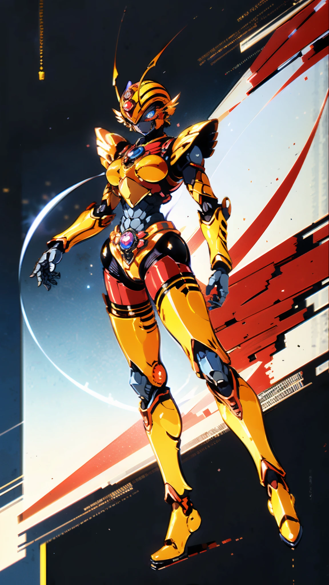 A woman adorned in fantasy-style full-body armor, a crown-concept fully enclosed helmet that unveils only her eyes, a composite layered chest plate, fully encompassing shoulder and hand guards, a lightweight waist armor, form-fitting shin guards, the overall design is heavy-duty yet flexible, ((the armor gleams with a golden glow, complemented by red and blue accents)), exhibiting a noble aura, she floats above a fantasy-surreal high-tech city, this character embodies a finely crafted fantasy-surreal style armored hero in anime style, exquisite and mature manga art style, (Queen bee mixed with Spider concept Armor, plasma, blood), ((Element, energy, elegant, goddess, femminine:1.5)), metallic, high definition, best quality, highres, ultra-detailed, ultra-fine painting, extremely delicate, professional, anatomically correct, symmetrical face, extremely detailed eyes and face, high quality eyes, creativity, RAW photo, UHD, 32k, Natural light, cinematic lighting, masterpiece-anatomy-perfect, masterpiece:1.5