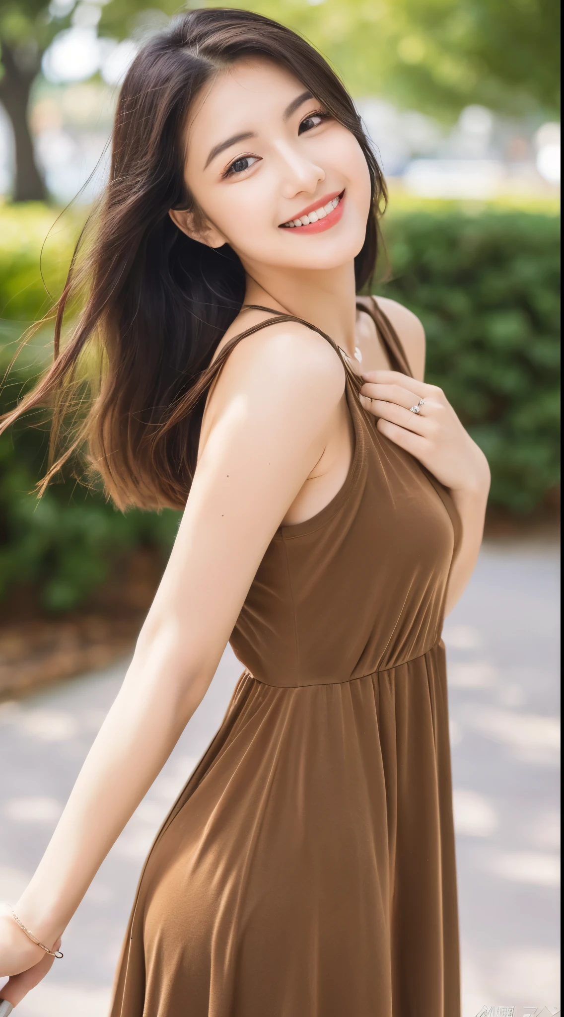 ulzzang-6500-v1.1, (RAW photo:1.2), (Photoreal), (genuine:1.4), (muste piece), beautiful woman with perfect figure: 1.2, dark brown hair, wearing a pendant, strapless、elegant long dress、(very kind smile:1.2)、 highly detailed face and skin, fine eyes, double eyelid,  ((full body shot:1.3))、