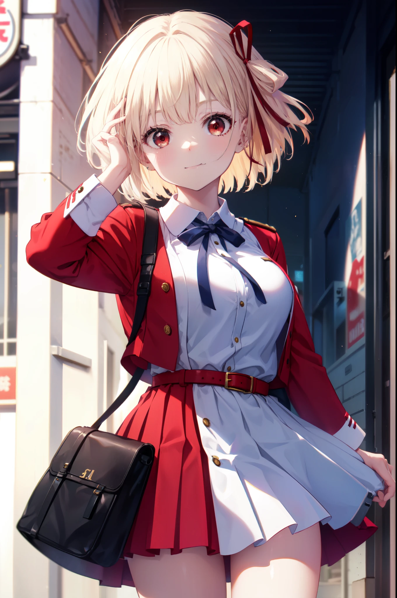 chisatonishikigi, nishikigi chisato, short hair, bangs, blonde hair, (red eyes:1.5), hair ribbon, one side up, bob cut,smile,Triumphant,
break shirt, long sleeve, dress, ribbon, white shirt, collared shirt, belt, neck ribbon, red dress, blue ribbon, pleated dress, grey dress, two-tone dress, red belt, uniform liquor,aim, pistol(Tokyo Marui M1911A1 Colt Government)hold, hand gun(Tokyo Marui M1911A1 Colt Government), 膝を地面に着けている
break outdoors, city,Alley,
break looking at viewer, (cowboy shot:1.5),
break (masterpiece:1.2), highest quality, High resolution, unity 8k wallpaper, (figure:0.8), (detailed and beautiful eyes:1.6), highly detailed face, perfect lighting, Very detailed CG, (perfect hands, perfect anatomy),