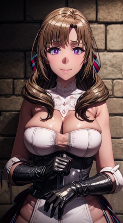 (masterpiece), best quality, expressive eyes, purple eyes, glowing eyes, seductive looks, perfect face, busty milf, perfect face, high detail eyes, mamako_oosuki, long hair, brown hair, wavy hair, ultra-detailed highest quality, shiny hair, purple eyes, mature female, large breasts, bright pupils, ribbon, white gloves, cleavage, milf, sexy, large breasts, latex suit, yandere smile, perfect eyes, expressive eyes, dominatrix
