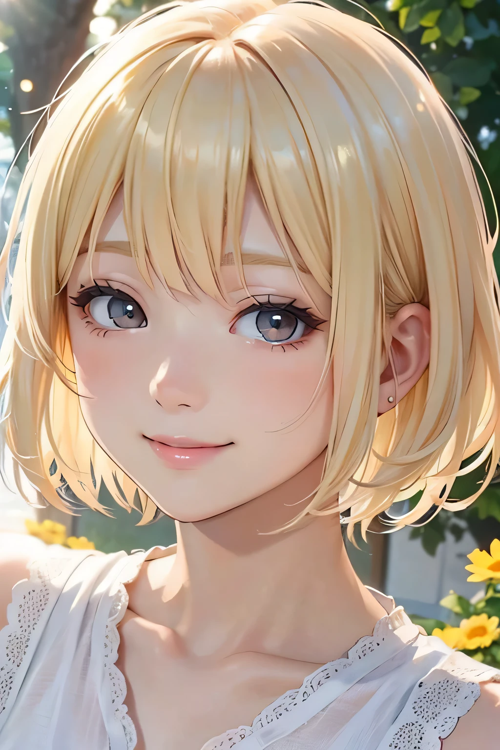 blonde、short hair、girl1、close up of face、smile、looking at the sun、morning、sunlight