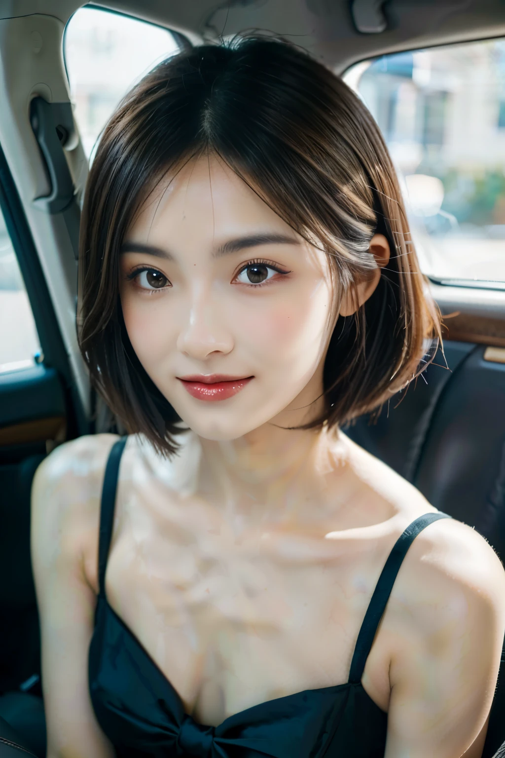 super high quality, smile, Slenderのネックレス, Slender, Cafes in New York, Gravure photoshoot, The staff is working at the counter in the back., (8k、RAW Photos、Highest quality、masterpiece:1.2), Japanese Idol, Fashion magazine photoshoot, (Realistic、Photorealistic:1.37), Urban Cafe, Golden Ratio, Raw photo, Cute face , Small breasts, Bright cafe interior, Blurred Background, Beauty salon model, Summer clothes, Photographed inside the cafe, Hair blowing in the wind, Neat clothes, boyish, Very Short Hair, 18-year-old, Stylish clothes, 
