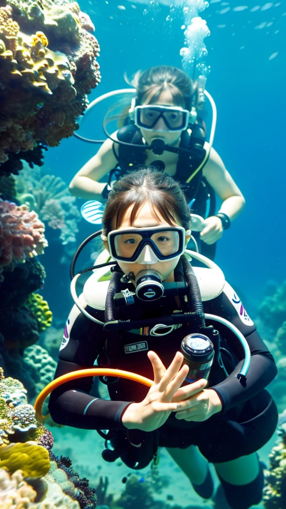 scuba diving, A -yeld Jaese girl breathes from a tank to a regulator., Group of 2, colorful tail., masterpiece, Accurate, highest quality, High resolution