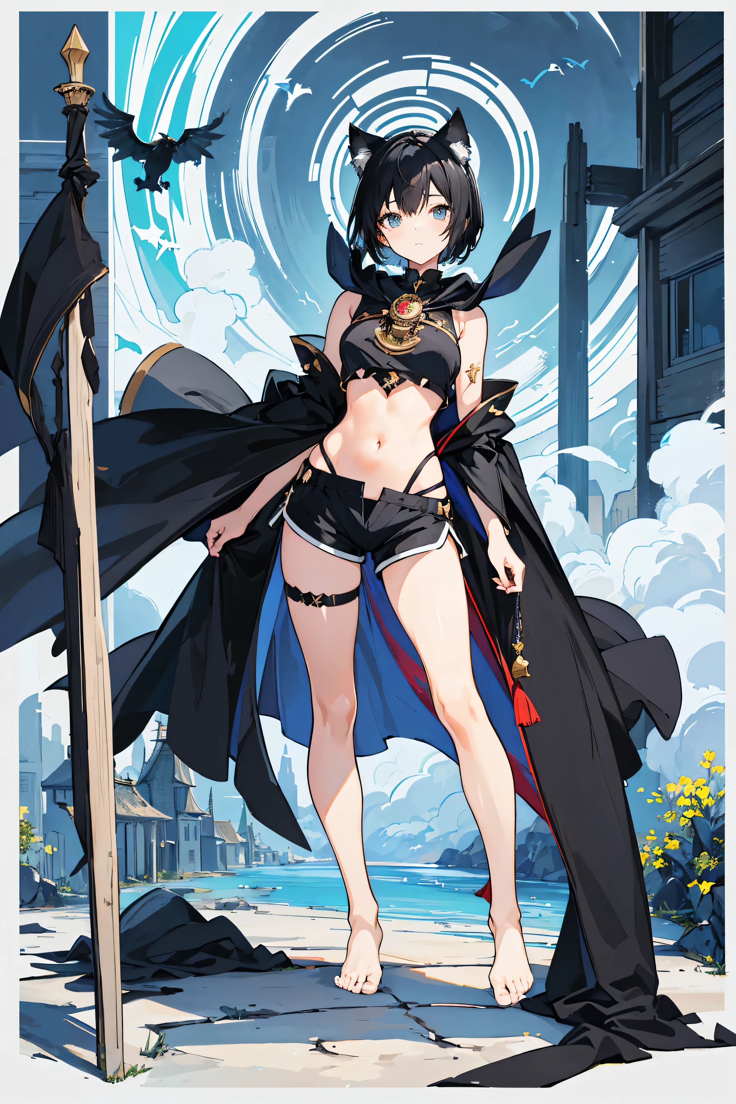 (((pixel-perfect, detail-perfect))), solo, 1girl, morgan le fay, smile, looking at viewer, black hair, braid, ponytail, hair bow, green eyes, supervillain, magician, black tuxedo, blue leotard, bare legs, boots, standing, solo focus, hands on hip, full body shot, mature lady, scotland backdrop, ultra highres, absurdres, beautiful face, detailed eyes, symmetric eyes, perfect body, good proportions