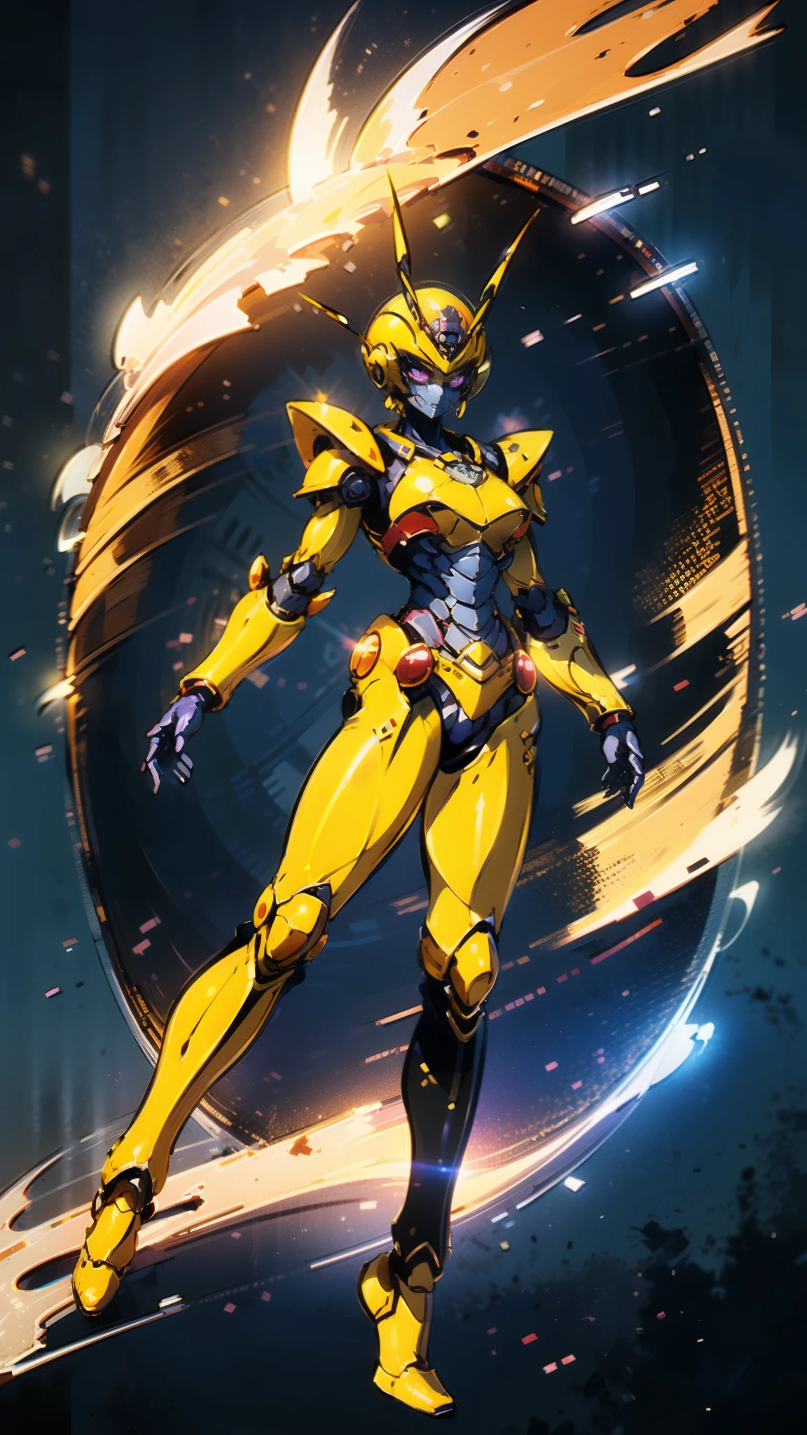 A woman adorned in fantasy-style full-body armor, a crown-concept fully enclosed helmet that unveils only her eyes, a composite layered chest plate, fully encompassing shoulder and hand guards, a lightweight waist armor, form-fitting shin guards, the overall design is heavy-duty yet flexible, ((the armor gleams with a golden glow, complemented by red and blue accents)), exhibiting a noble aura, she floats above a fantasy-surreal high-tech city, this character embodies a finely crafted fantasy-surreal style armored hero in anime style, exquisite and mature manga art style, (Queen bee mixed with Spider concept Armor, plasma, blood), ((Element, energy, elegant, goddess, femminine:1.5)), metallic, high definition, best quality, highres, ultra-detailed, ultra-fine painting, extremely delicate, professional, anatomically correct, symmetrical face, extremely detailed eyes and face, high quality eyes, creativity, RAW photo, UHD, 32k, Natural light, cinematic lighting, masterpiece-anatomy-perfect, masterpiece:1.5